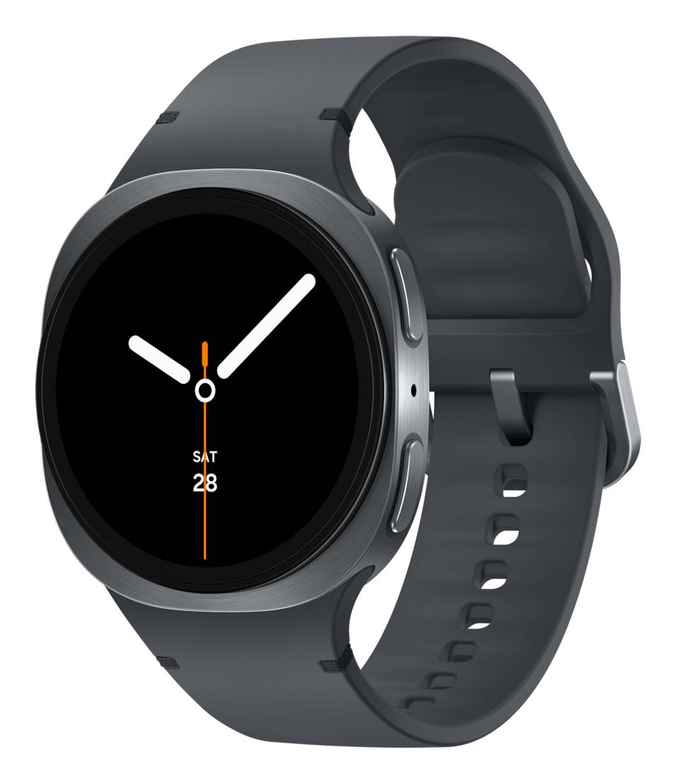 Schwarze runde Smartwatch mit dunkelgrauem Armband, Zifferblatt im Analogstil und Datumsanzeige mit der Anzeige SA 28.