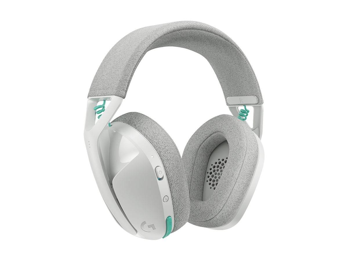Weiße Over-Ear-Wireless-Kopfhörer mit grauem Stoff-Ohrpolstern und Kopfbügel, isoliert auf weißem Hintergrund dargestellt.