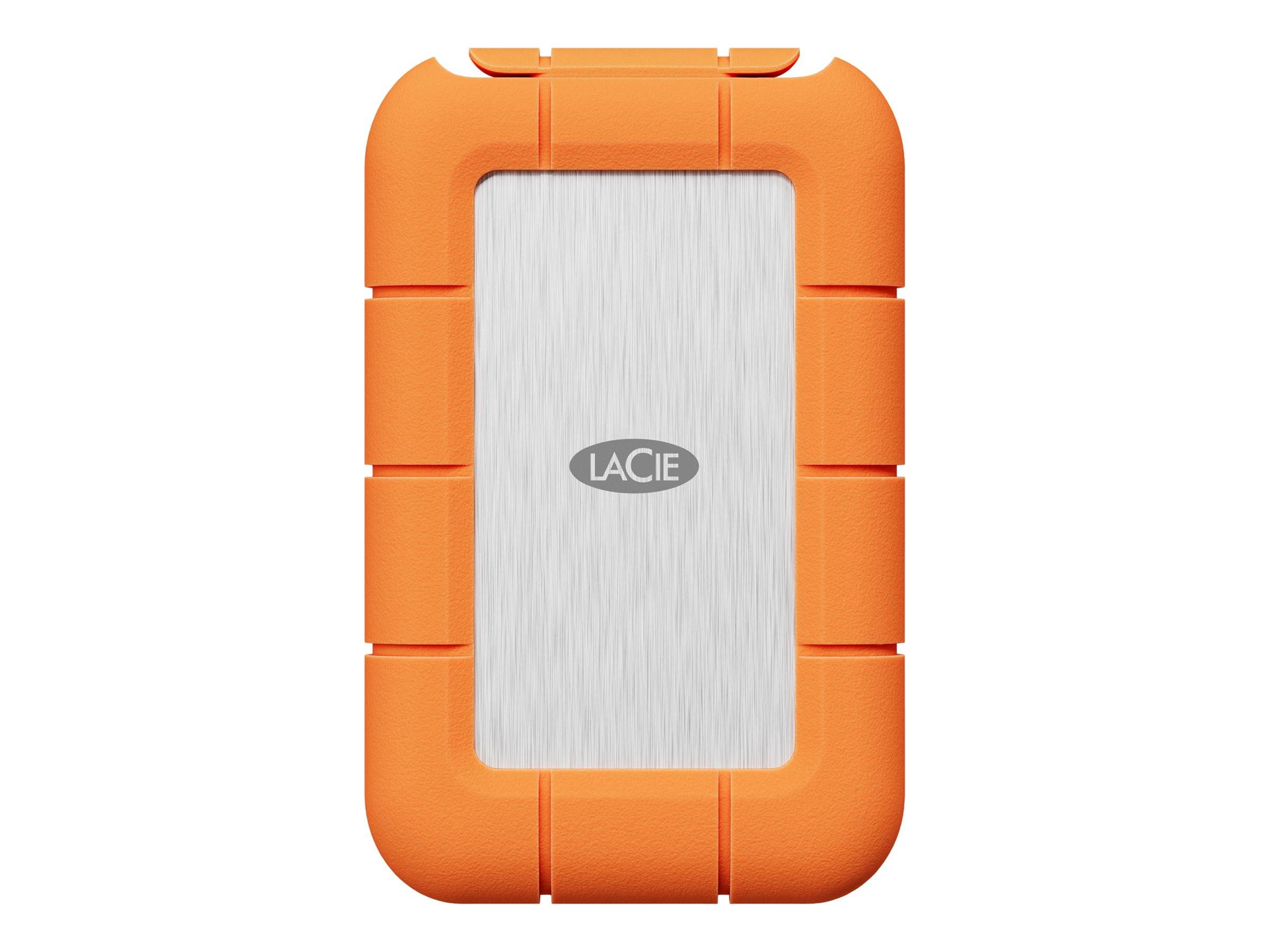 Eine orange, robuste externe LaCie Festplatte mit Metallmittelteil, entwickelt für strapazierfähige, mobile Datenspeicherung.
