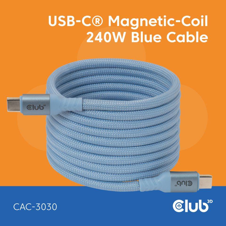 Aufgerolltes hellblaues USB-C-Magnetspulen-Kabel auf orangefarbenem Hintergrund, beschriftet mit „USB-C® Magnetic-Coil 240W Blue Cable