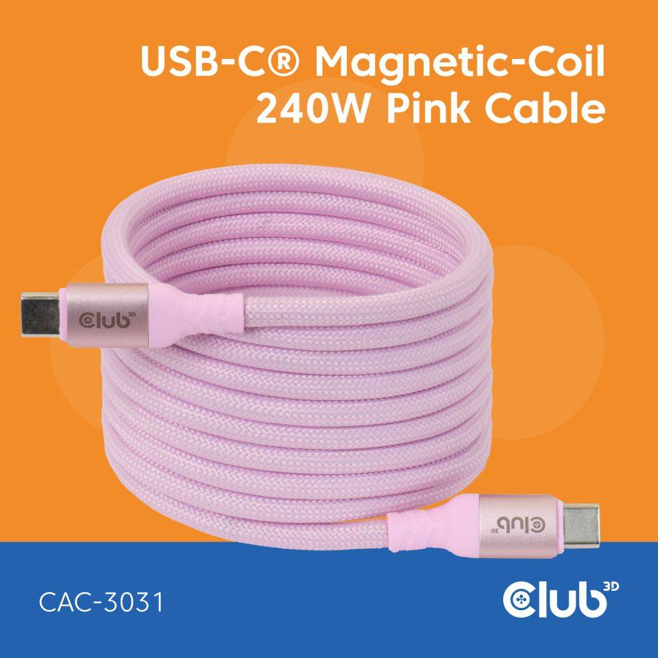 Aufgerolltes rosafarbenes USB-C auf USB-C Magnetkabel mit der Bezeichnung „USB-C Magnetic-Coil 240W Pink Cable