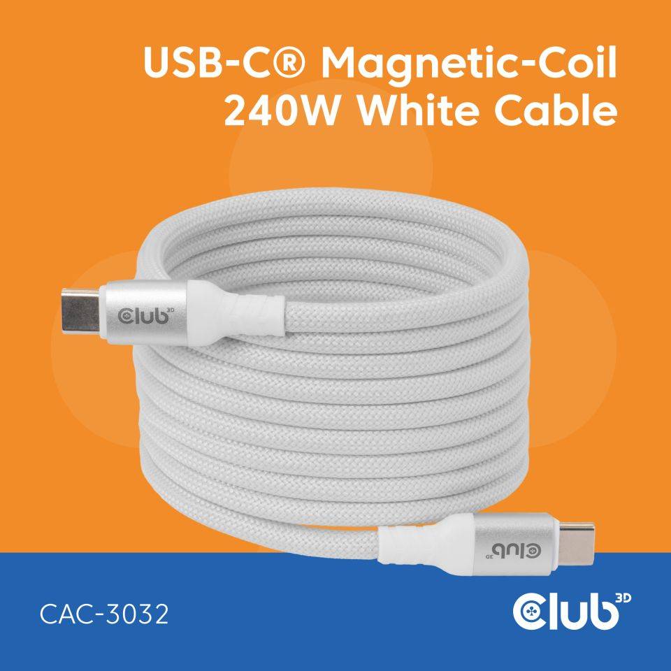 USB-C Magnetspule weißes Ladekabel mit der Bezeichnung „USB-C® Magnetic-Coil 240W White Cable