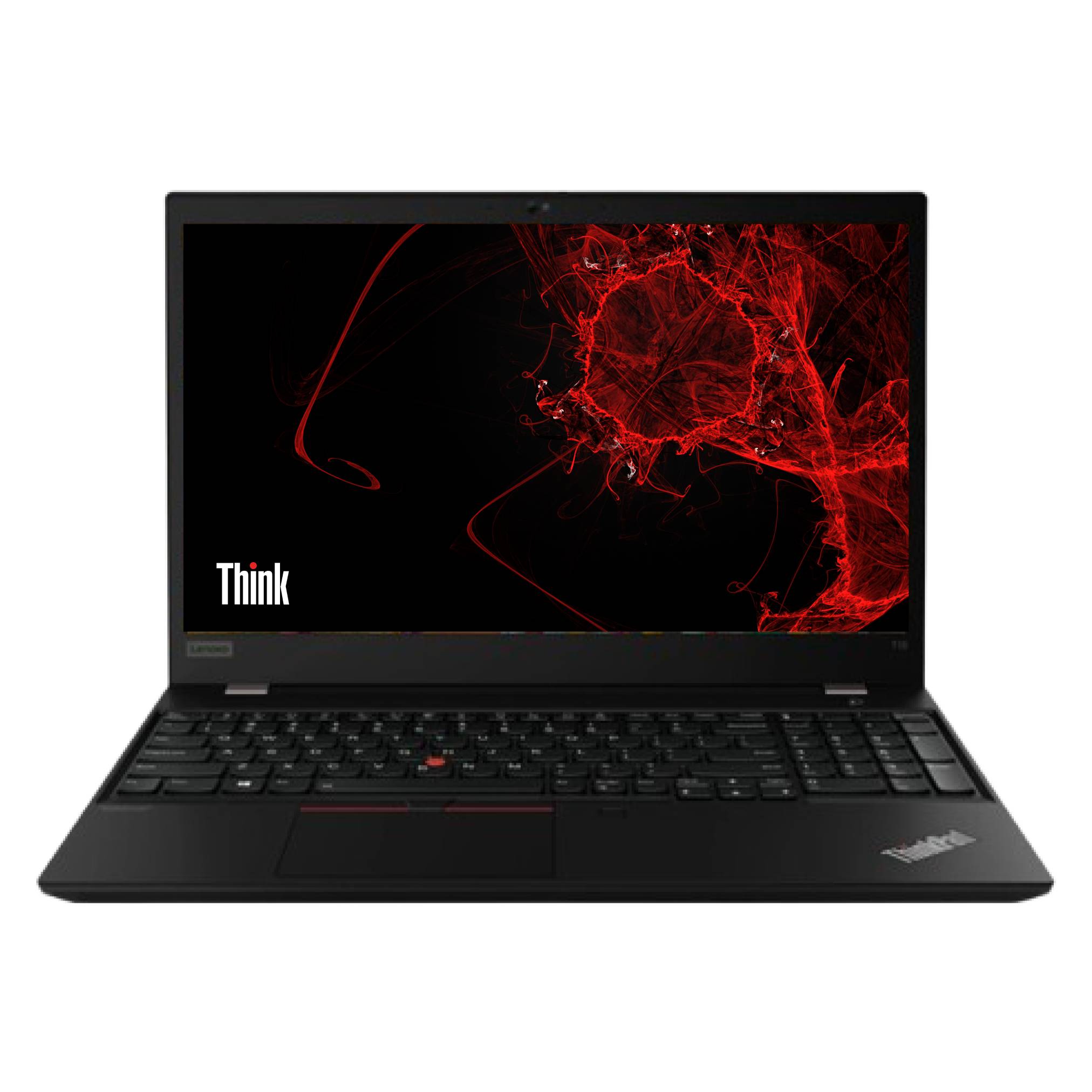 Ein schwarzer Lenovo ThinkPad Laptop, der geöffnet angezeigt wird, mit einer roten abstrakten Tapete auf dem Bildschirm.