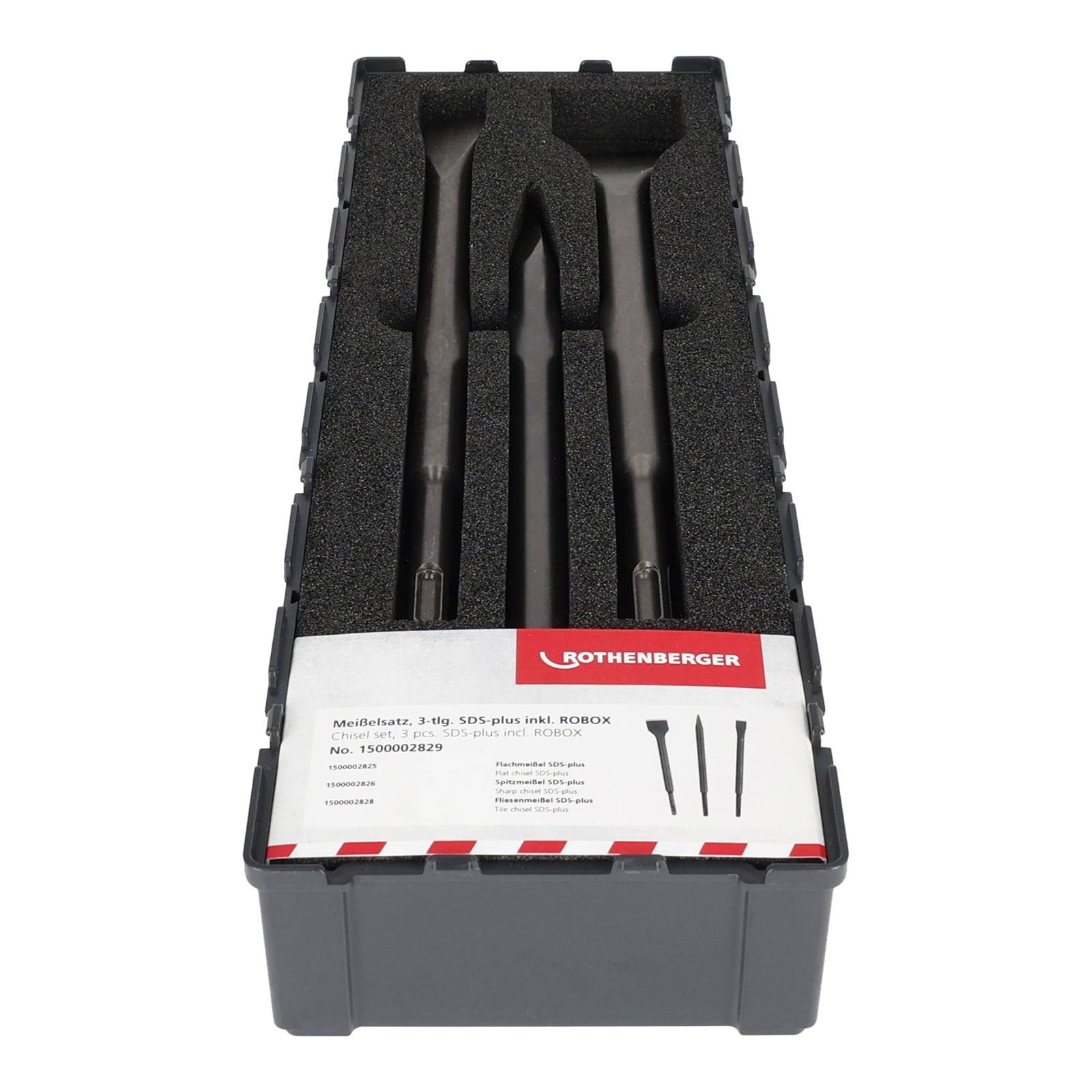 Ein Satz von drei Metallmeißeln in einer schaumstoffgepolsterten Box, mit einem roten Rothenberger-Etikett, das Produktdetails und Illustrationen der Meißel zeigt.