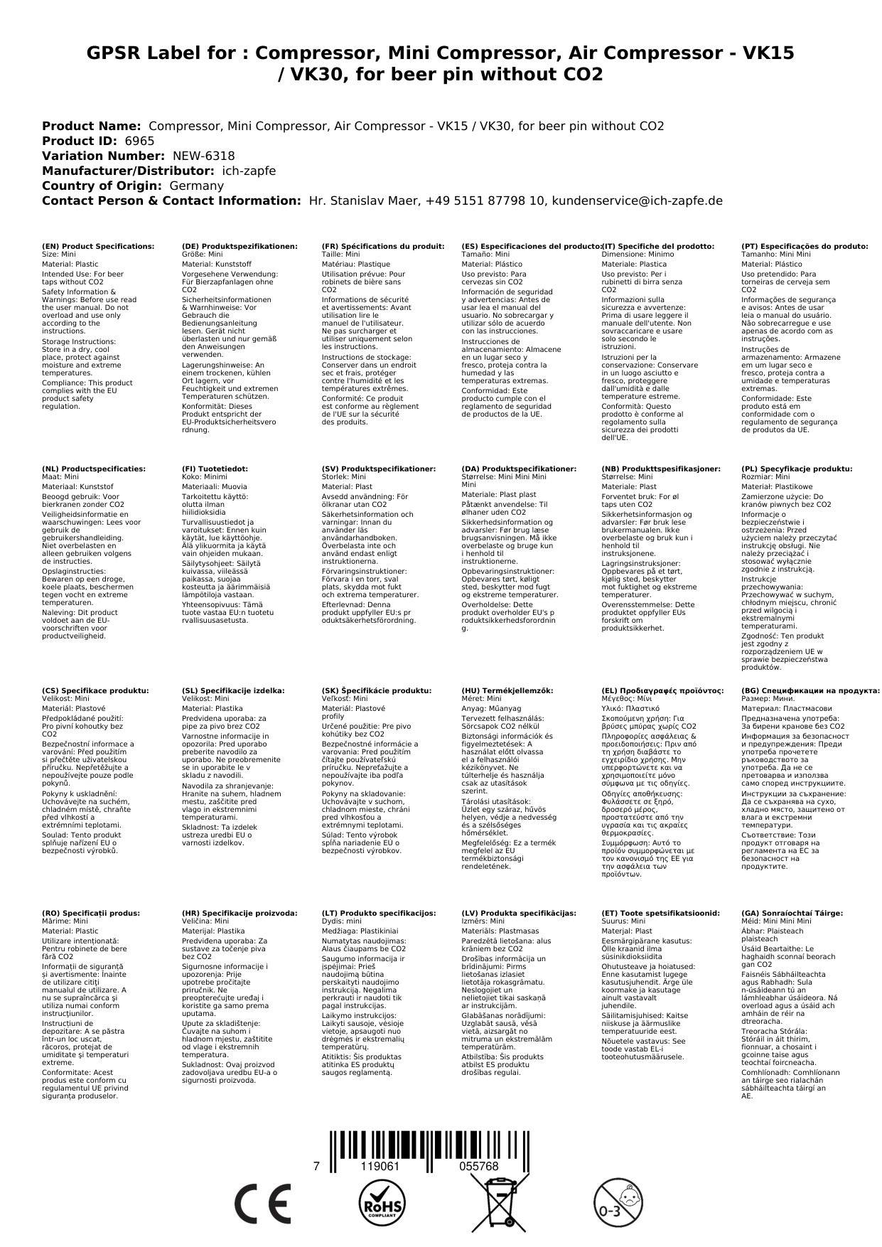 Druckluft Kompressor, Mini Kompressor, Luftkompressor - VK15 / VK30, für Bierzapfen ohne CO2, Model: Mini-Kompressor VK30