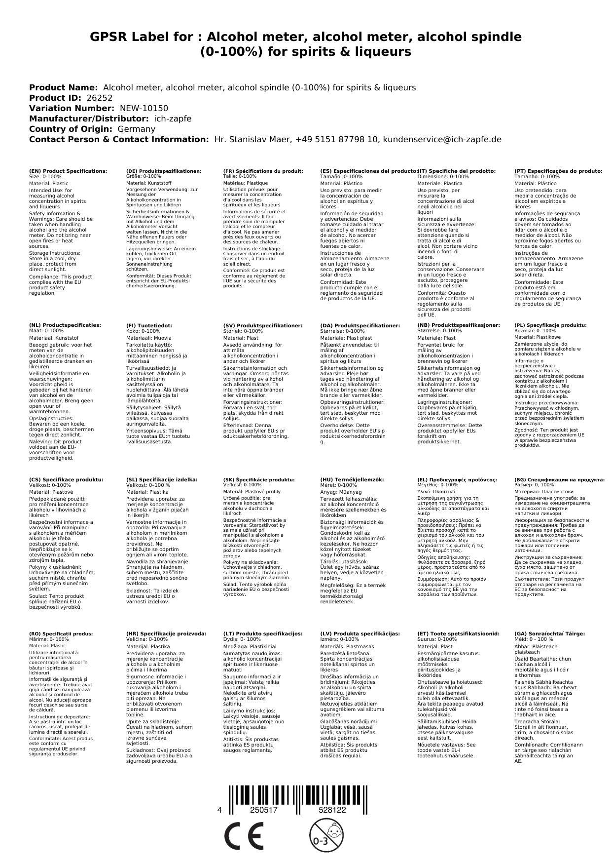 Alkoholmessgerät, Alkoholmeter, Alkoholspindel (0-100%) für Spirituosen & Liköre