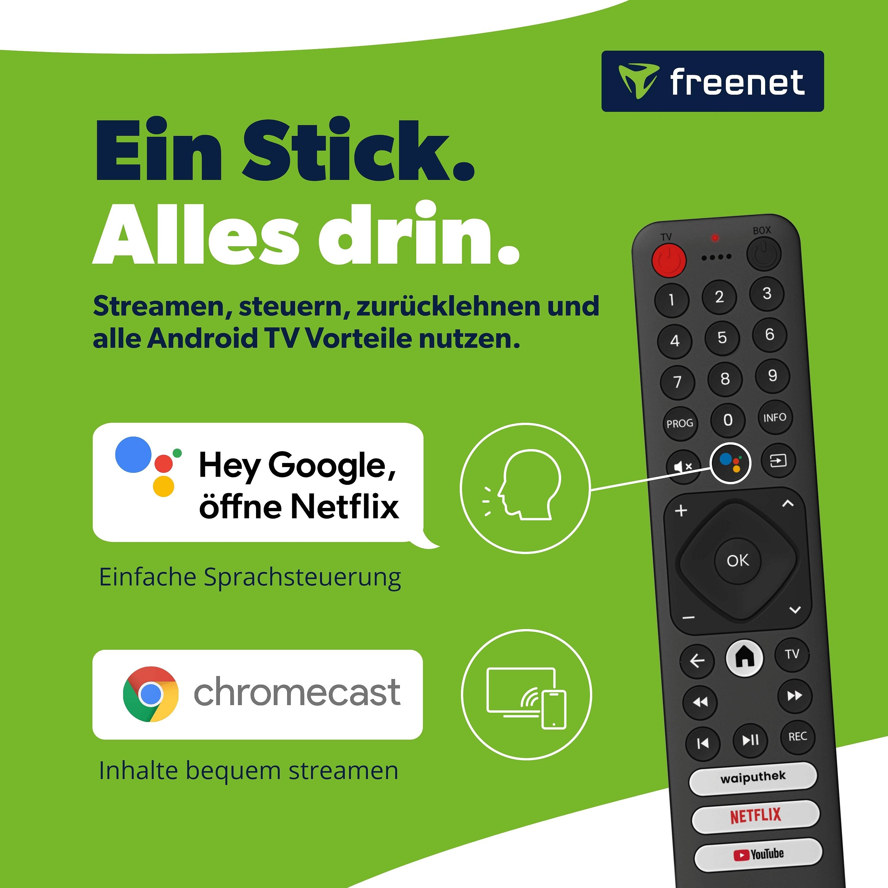 freenet TV 3in1 Hybrid Stick 4K UHD mit Android TV, DVB-C/T2, 3 Mon. freenet TV
