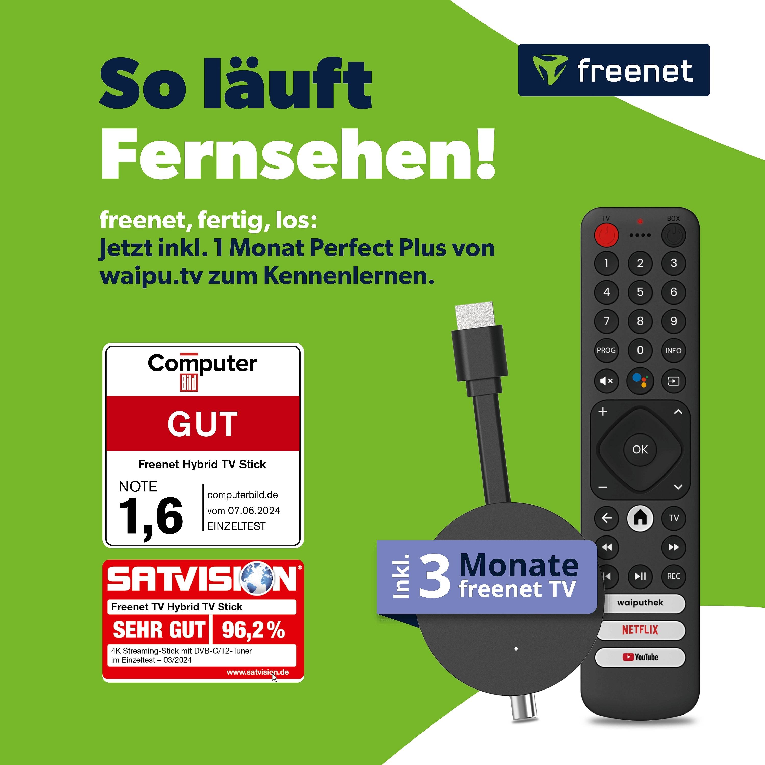 freenet TV 3in1 Hybrid Stick 4K UHD mit Android TV, DVB-C/T2, 3 Mon. freenet TV