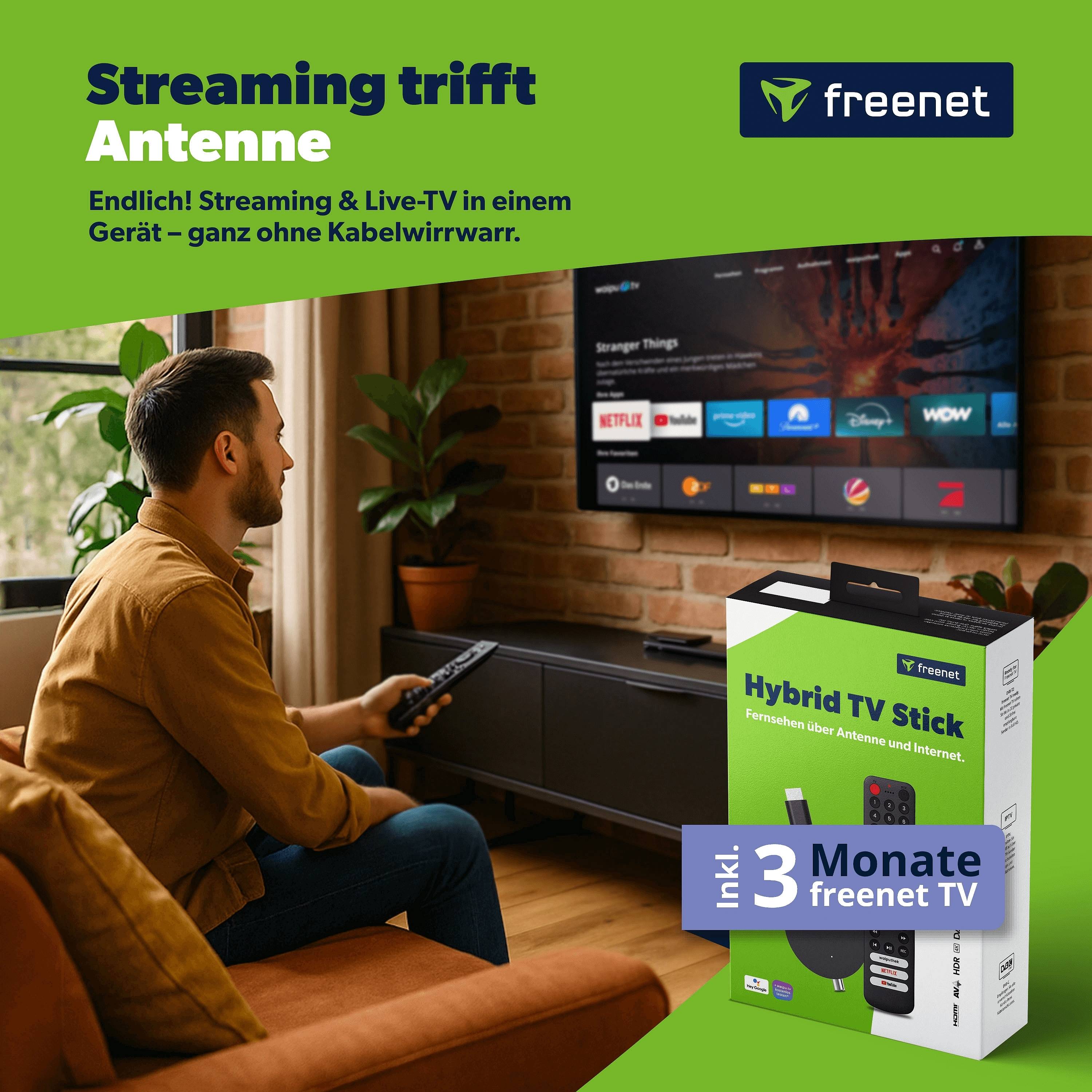 freenet TV 3in1 Hybrid Stick 4K UHD mit Android TV, DVB-C/T2, 3 Mon. freenet TV