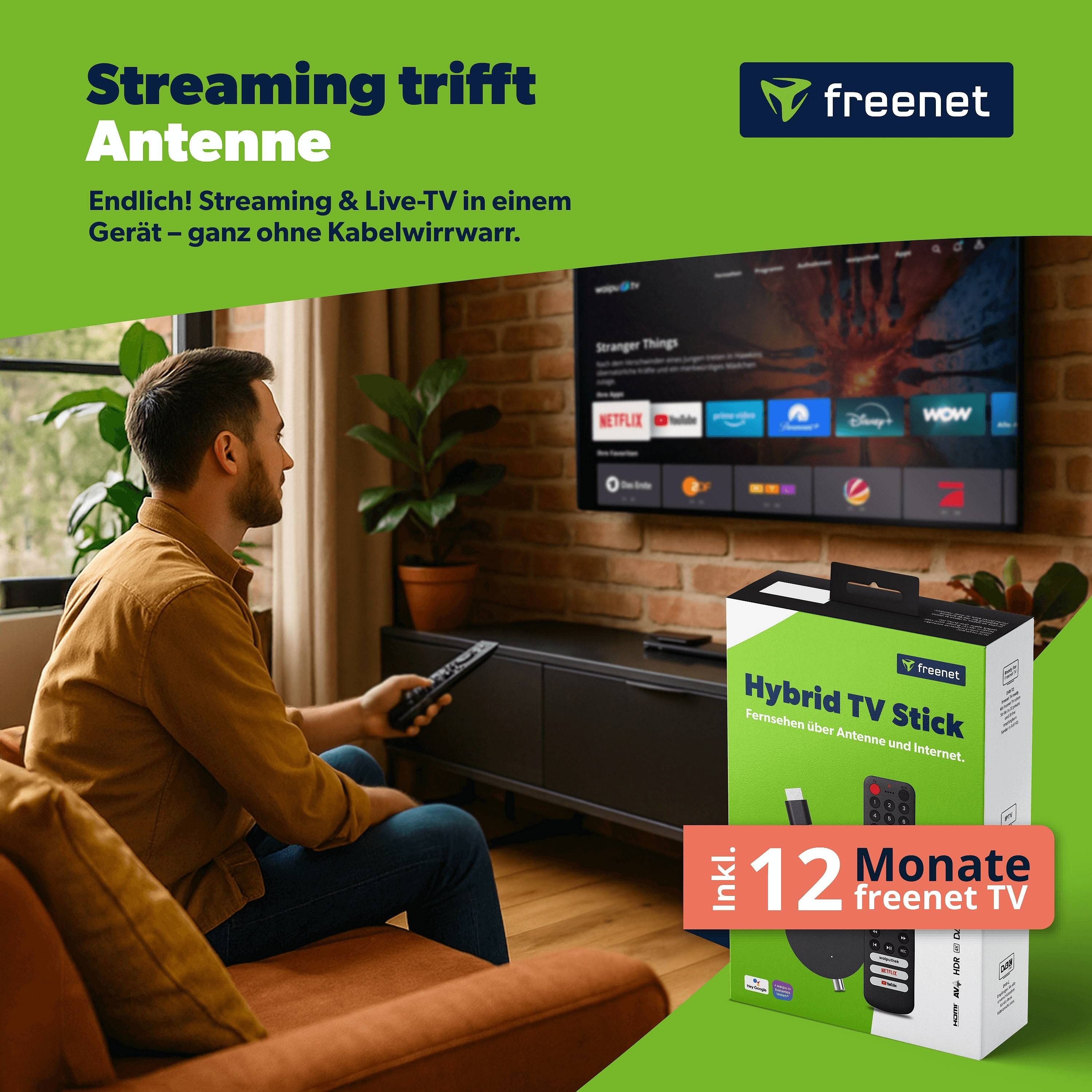 freenet TV 3in1 Hybrid Stick 4K UHD mit Android TV, DVB-C/T2, 12 Mon. freenet TV