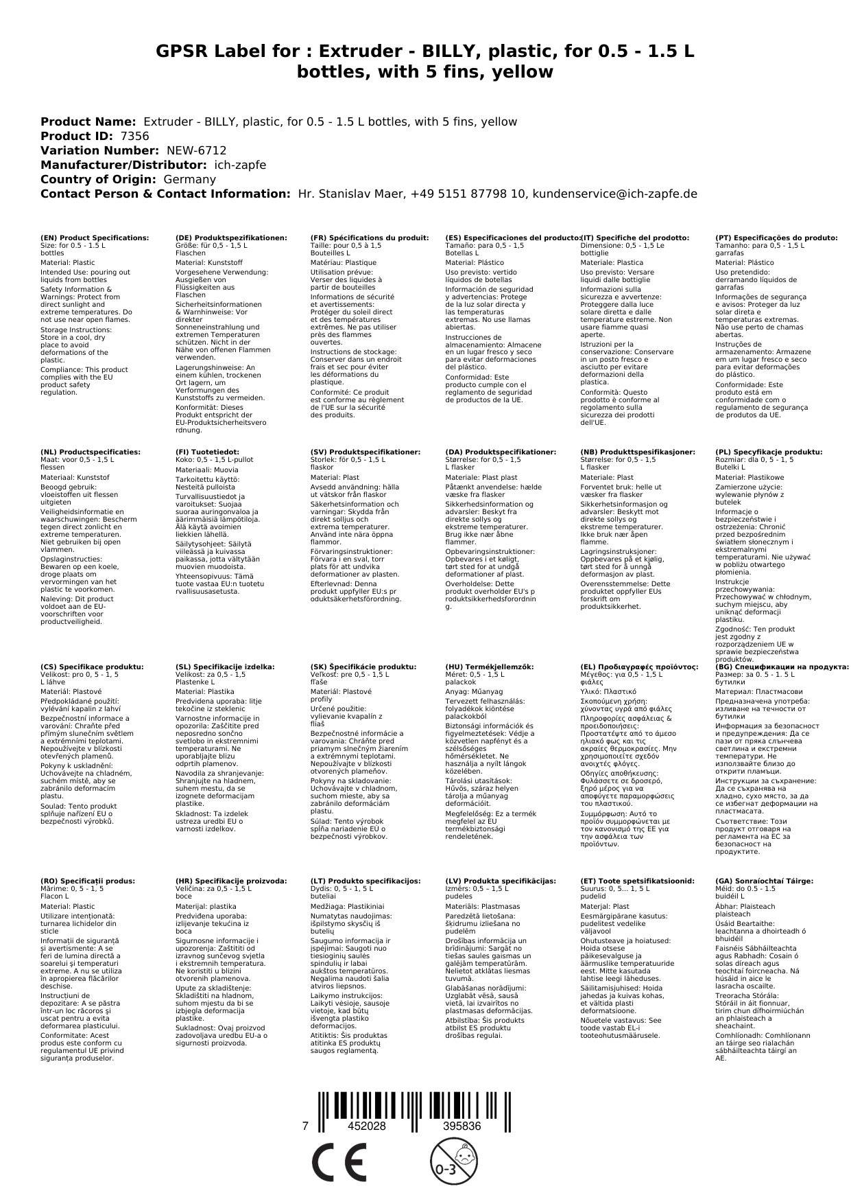 Ausgiesser - BILLY, Kunststoff, für 0,5 - 1,5 L Flaschen, mit 5 Lamellen, gelb
