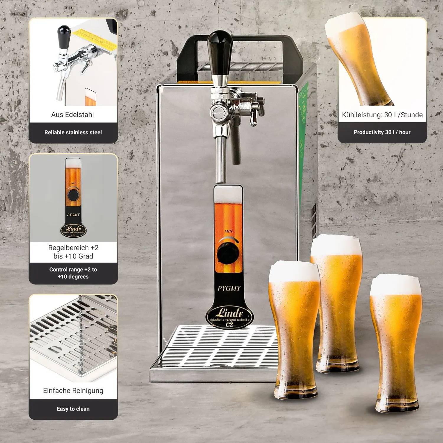 Zapfanlage Bierzapfanlage PYGMY 25/K mit Membranpumpe 1-leitig Trockenkühlgerät aus Edelstahl 35 Liter/h Green Line