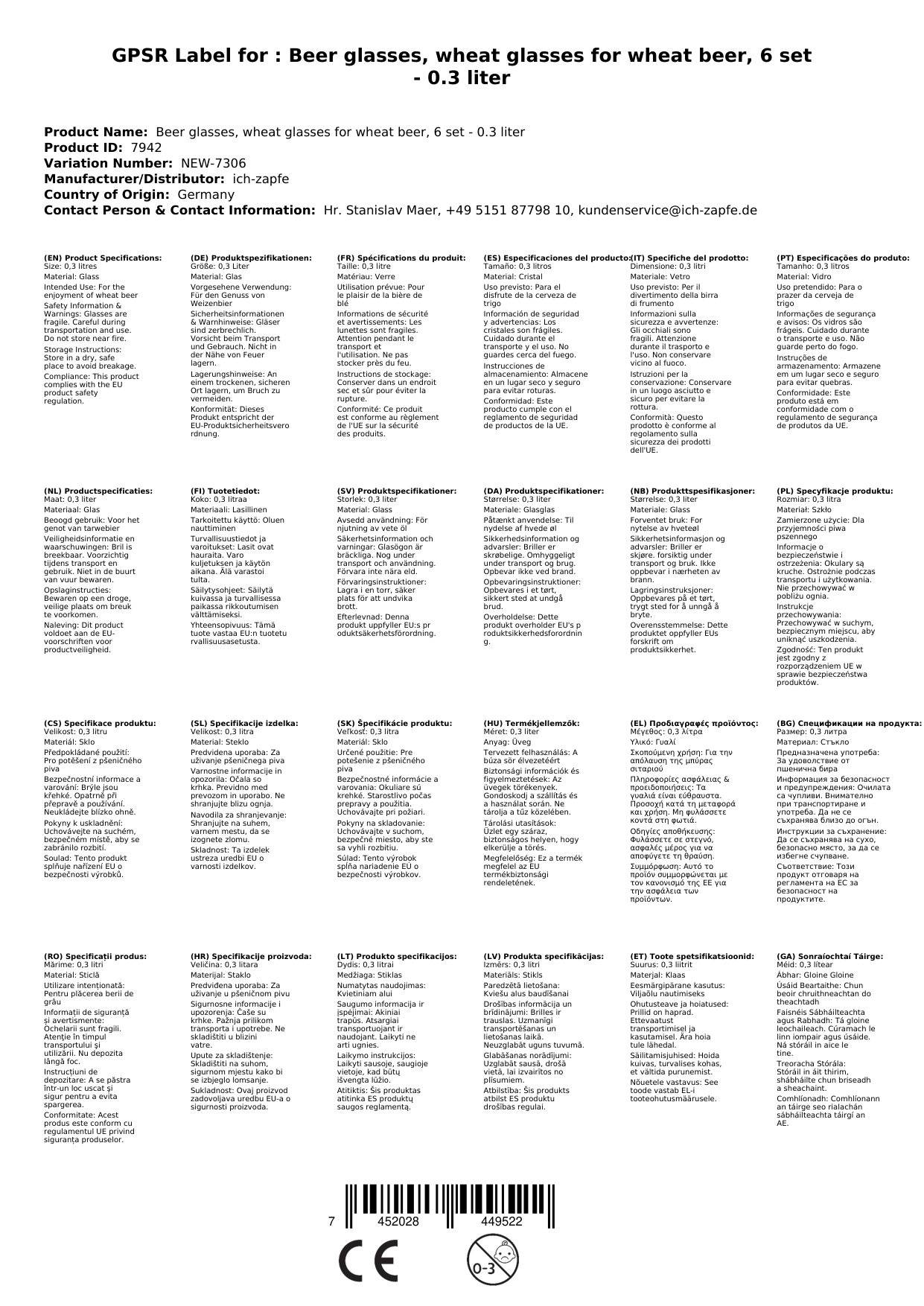 Biergläser, Weizengläser für Weizenbier, 6er Set - 0,3 Liter