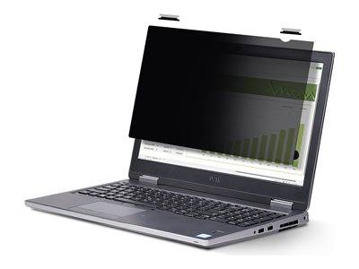 Ein Laptop mit einem Sichtschutzfilter verdeckt teilweise den Bildschirm und verhindert die Einsicht von seitlichen Blickwinkeln. Der Bildschirm zeigt ein Balkendiagramm.
