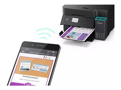 Ein Smartphone, das eine App verwendet, um ein Dokument drahtlos an einen nahe gelegenen Drucker zu senden und zu drucken, demonstriert eine digitale Druckverbindung.