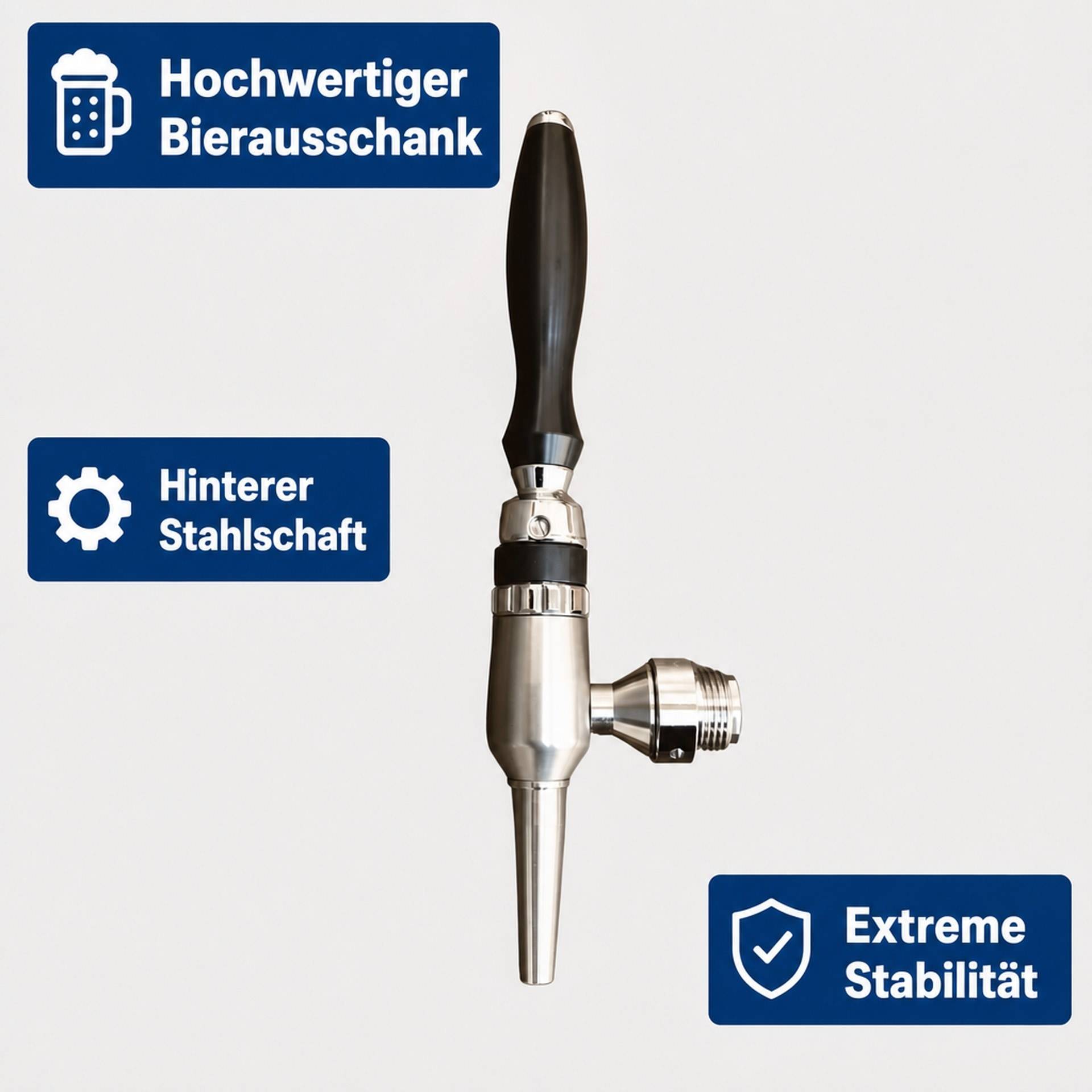 Bierhahngriff mit Edelstahlschaft, gekennzeichnet als hochwertige Bierausgabe, hinterer Stahlschaft und extreme Stabilität.