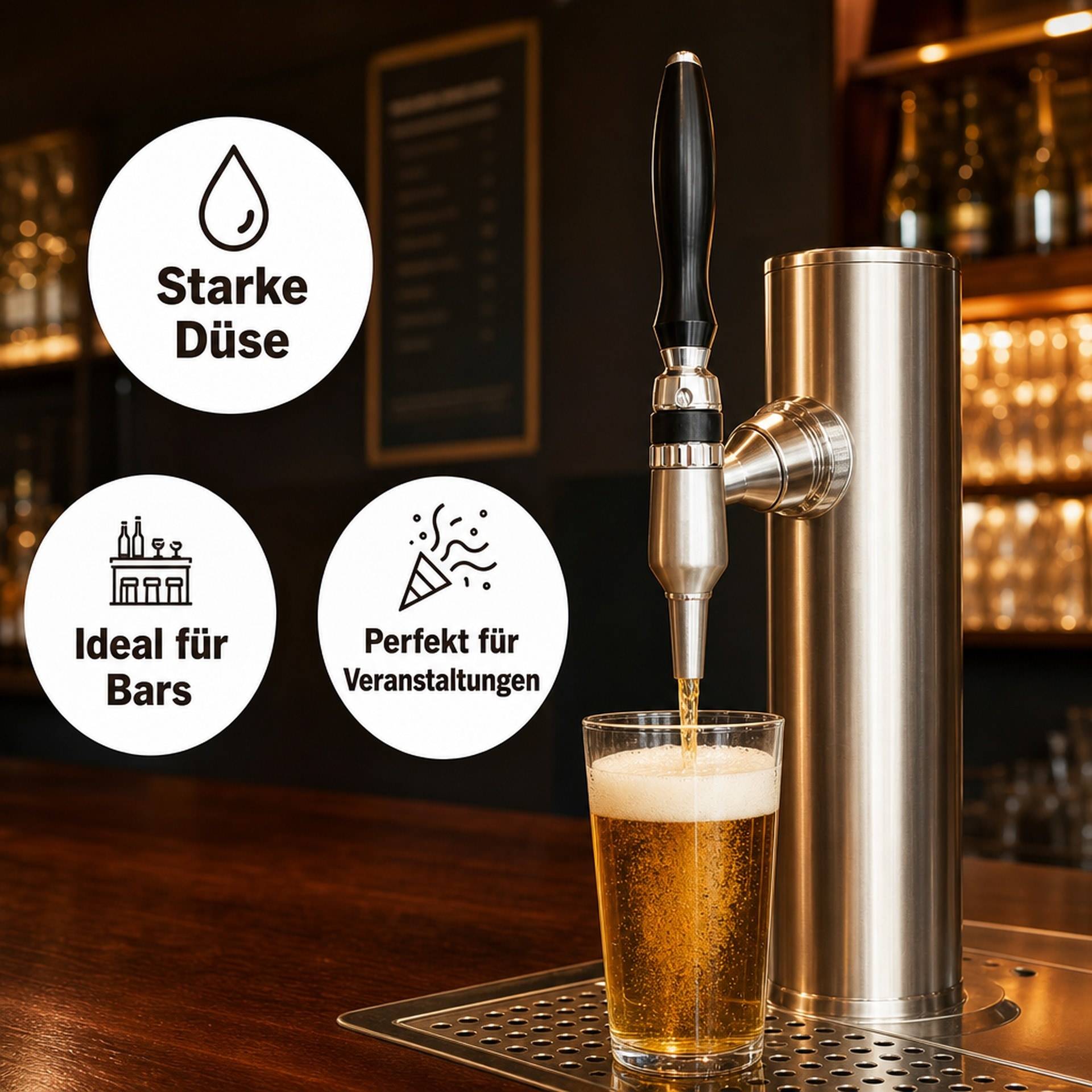 Bierhahn, der Schaumhaltiges Fassbier in ein Glas zapft, mit deutschen Werbeetiketten mit der Aufschrift „Starke Düse", „Ideal für Bars"" und „Perfekt für Veranstaltungen"".