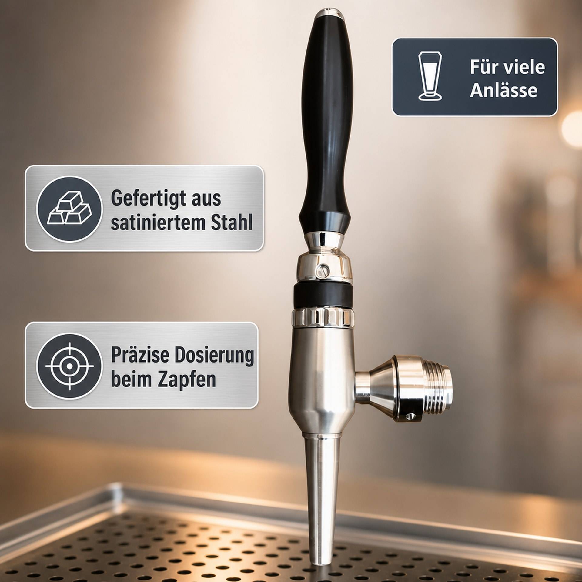 Edelstahl-Zapfhahn auf einem Bierausschank mit deutschen Etiketten: „Gefertigt aus satiniertem Stahl", „Präzise Dosierung beim Zapfen"" und „Für viele Anlässe"".