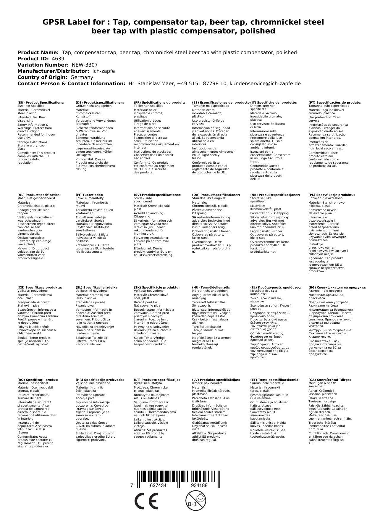 Zapfhahn, Kompensatorhahn, Bierzapfhahn, Schankhahn aus Chromnickelstahl mit Kunststoff-Kompensator, Poliert