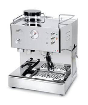 Eine Edelstahl-Espressomaschine mit Manometer, Dampflanze und Tassenhalter-Tablett, entwickelt zur Herstellung von Espressokaffee zu Hause.