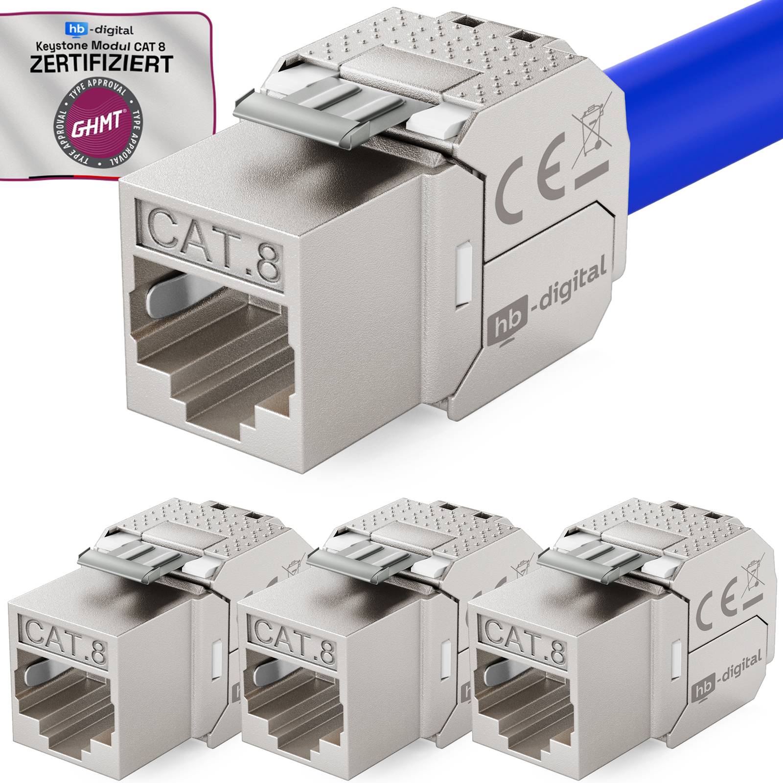 Produktbild eines HB-Digital CAT.8 Keystone modularen Ethernet-Anschlusses, dargestellt mit GHMT-Zertifizierungsabzeichen und drei zusätzlichen Ansichten.