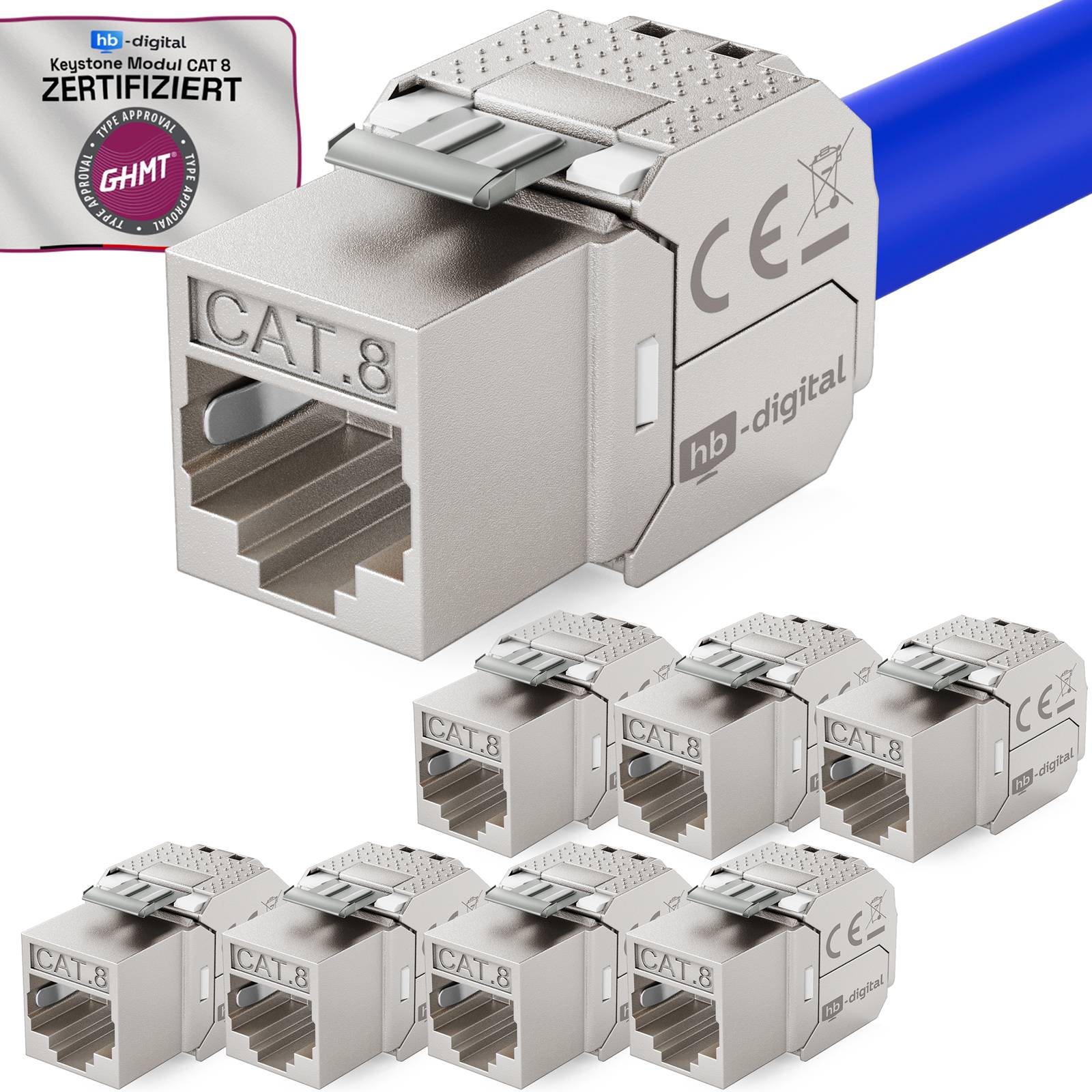Produktbild eines HB-Digital CAT.8 zertifizierten Keystone-Modular-Netzwerkbuchse, groß abgebildet und in mehreren kleineren Ansichten mit Metallgehäuse und Zertifizierungsabzeichen.