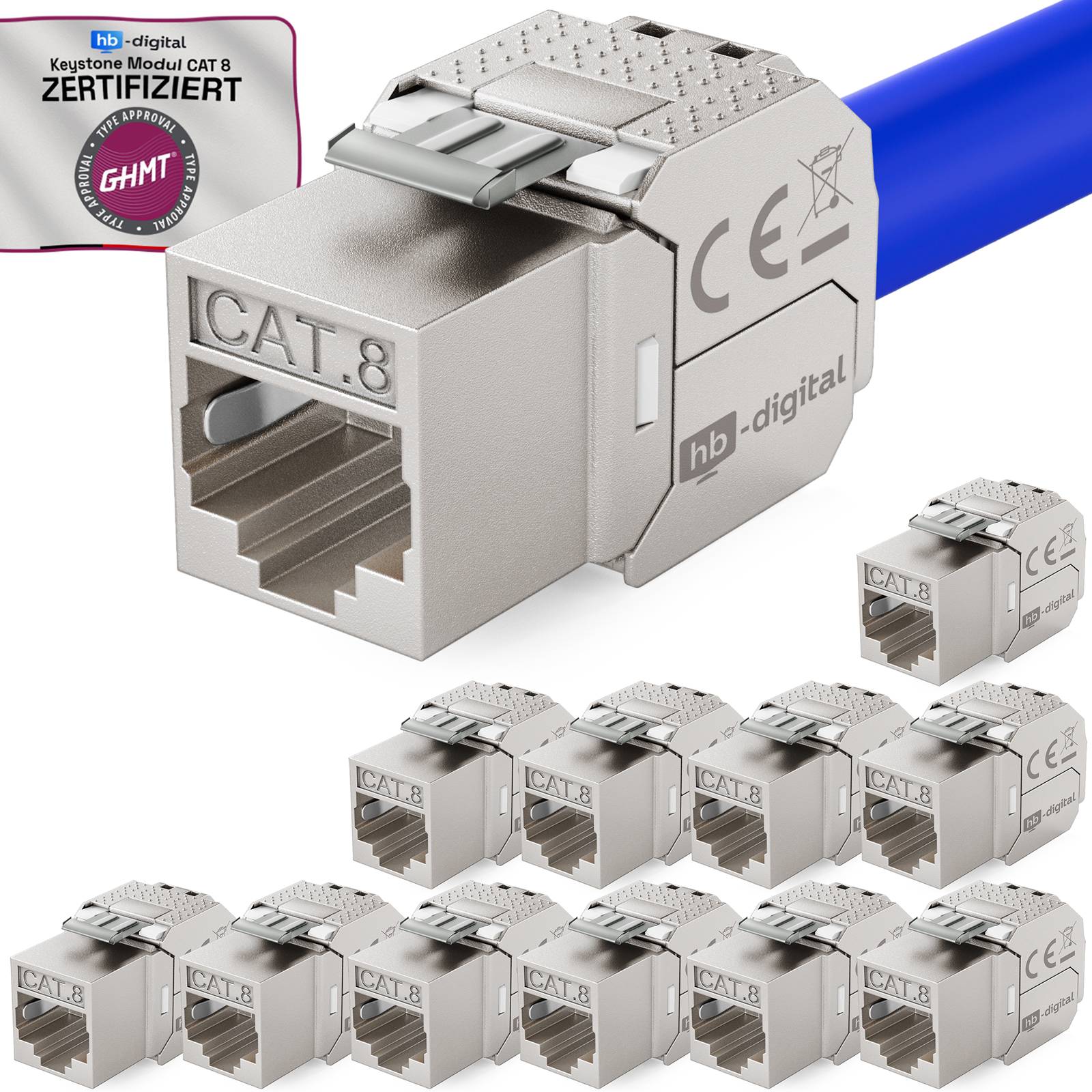 Produktbild eines hb-digital CAT.8 Keystone-Modularnetzwerksteckers, in großer Ausführung mit CE-Kennzeichnung und GHMT-zertifiziertem Badge gezeigt, plus kleinere wiederholte Ansichten.