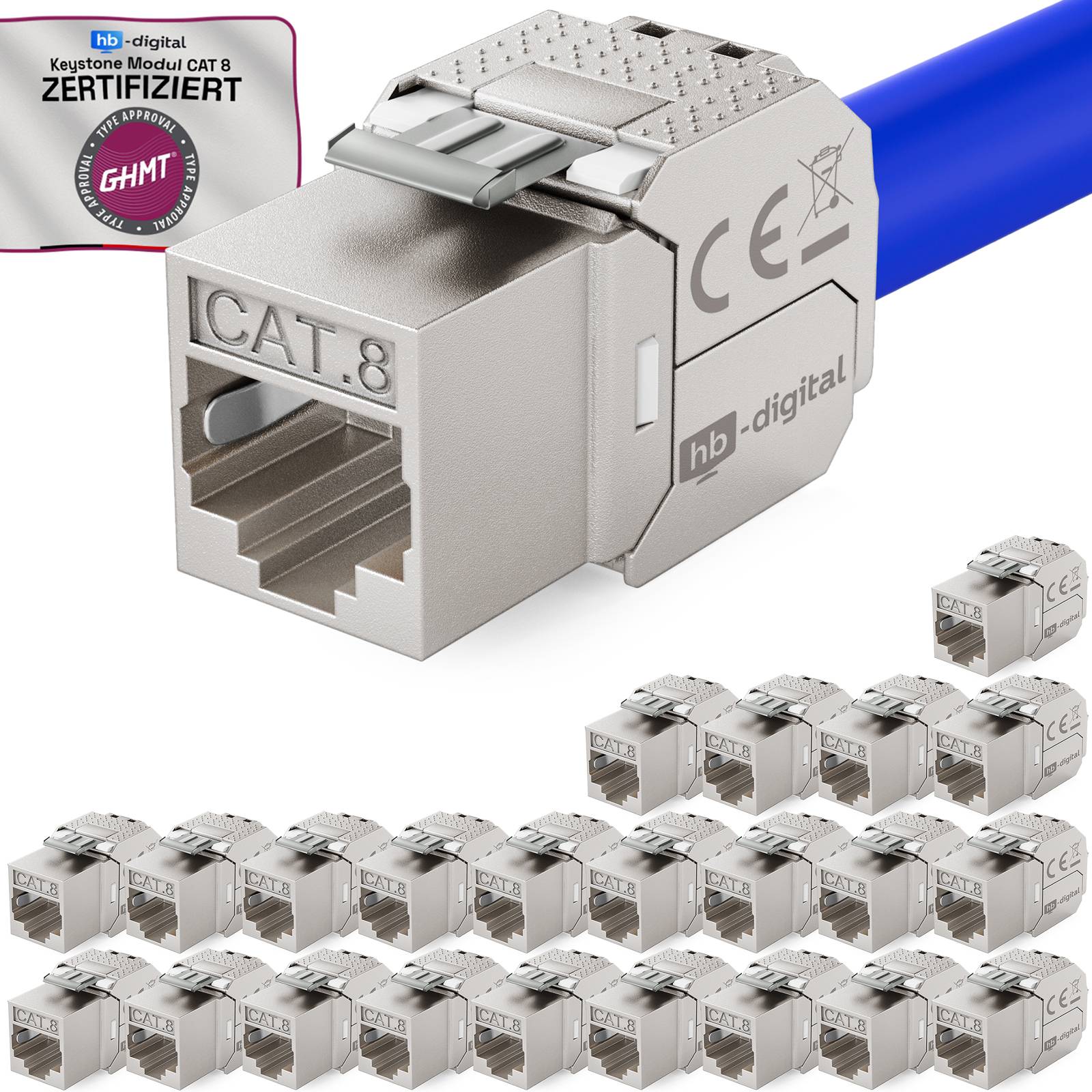 Produktbild eines HB-Digital CAT 8 zertifizierten Keystone-Moduls, groß dargestellt mit mehreren kleineren Kopien, wobei die Ethernet-Buchse und das GHMT-Genehmigungsabzeichen hervorgehoben werden.