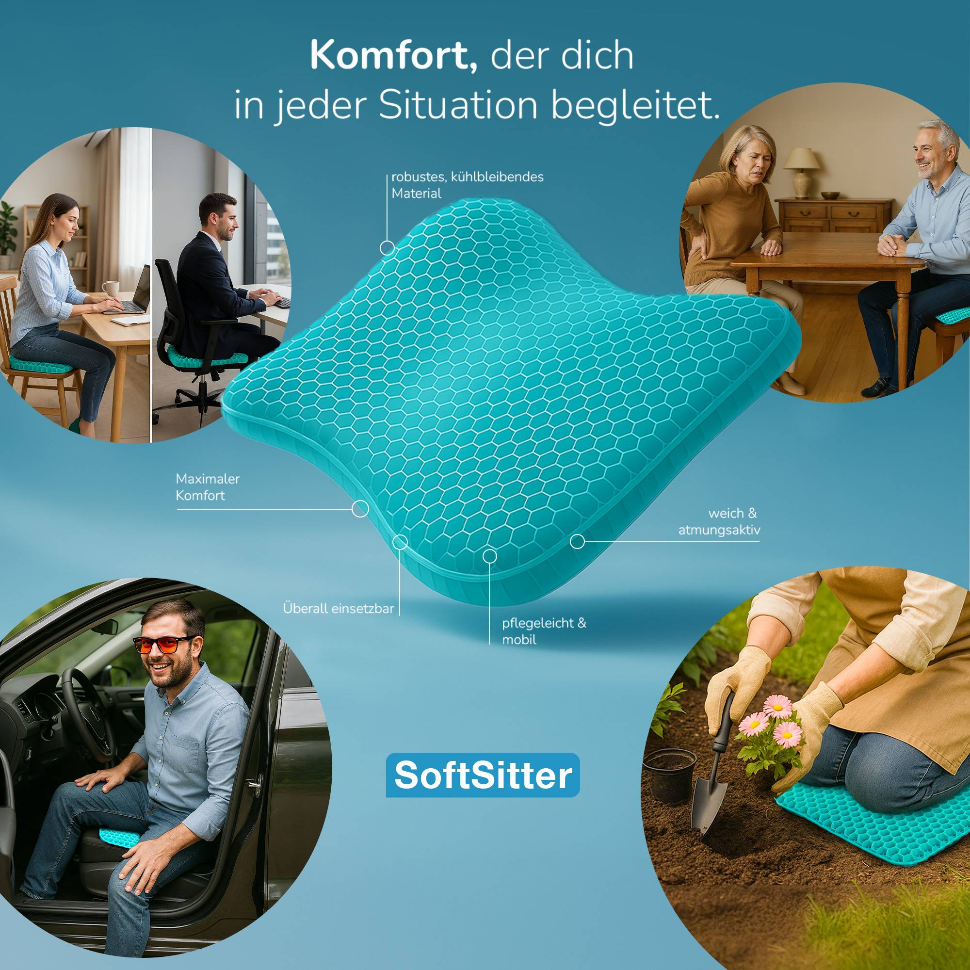 Dreamolino Soft Sitter Sitzkissen - 2x flexibles Gel-Sitzkissen mit Wabenstruktur - ergonomisches Kissen für Büro, Auto & Zuhause - Soft Sitter - Si