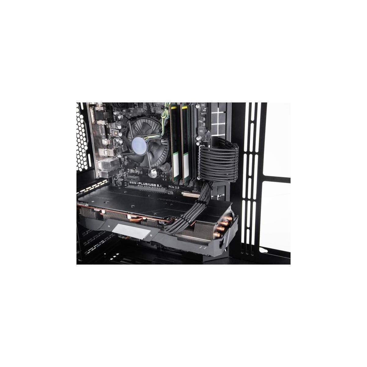 Ein Computergehäuse geöffnet, um das installierte Mainboard, den Kühllüfter, den Arbeitsspeicher und andere Komponenten in einem eleganten schwarzen Gehäuse zu zeigen.