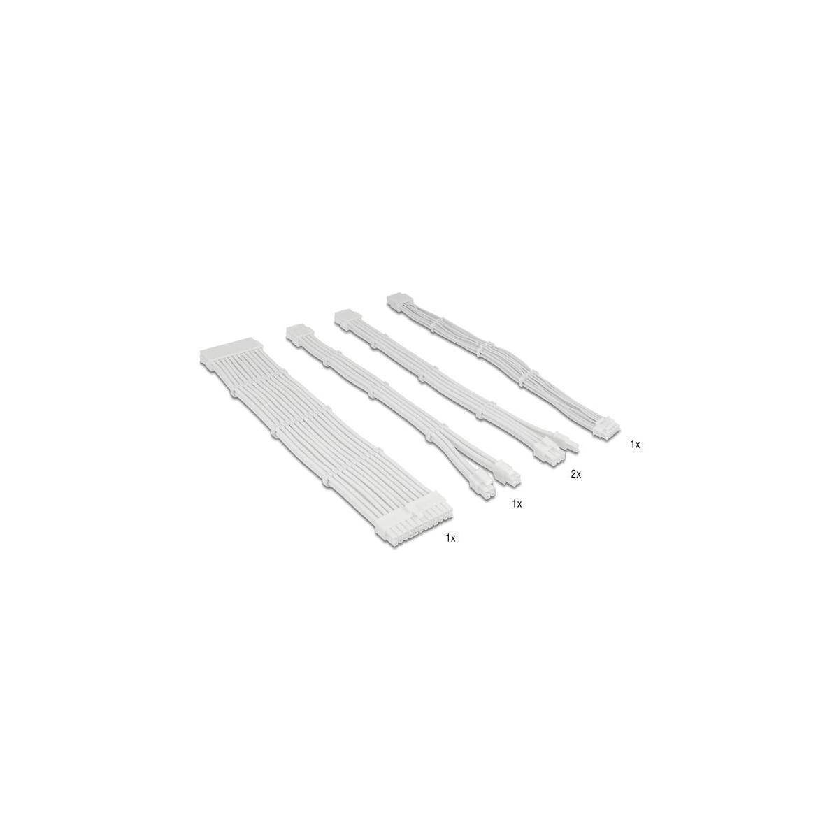 Vier weiße modulare Kabel unterschiedlicher Längen, mit den Bezeichnungen 1x, 2x und 1x, von links nach rechts in absteigender Reihenfolge auf weißem Hintergrund angeordnet.