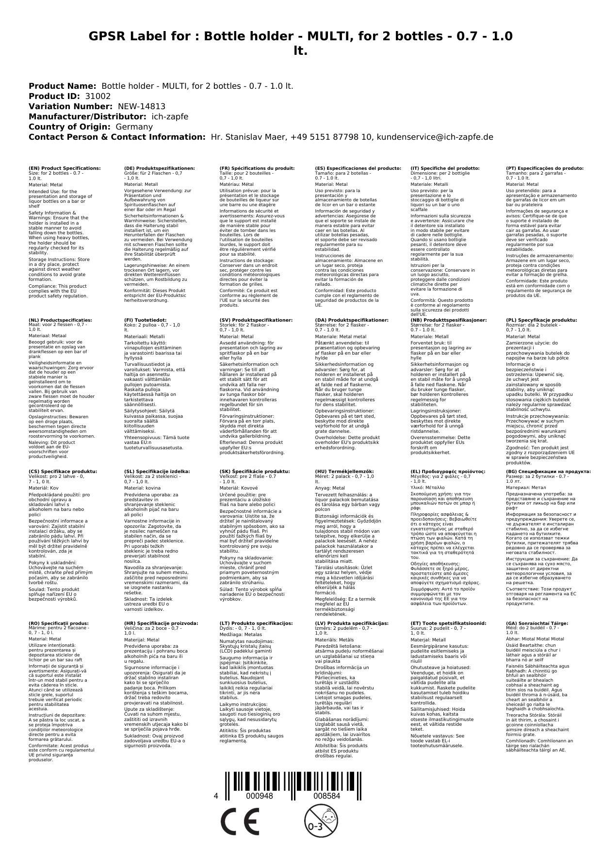 Flaschenhalterung - MULTI, für 2 Flaschen - 0,7 - 1,0 lt.