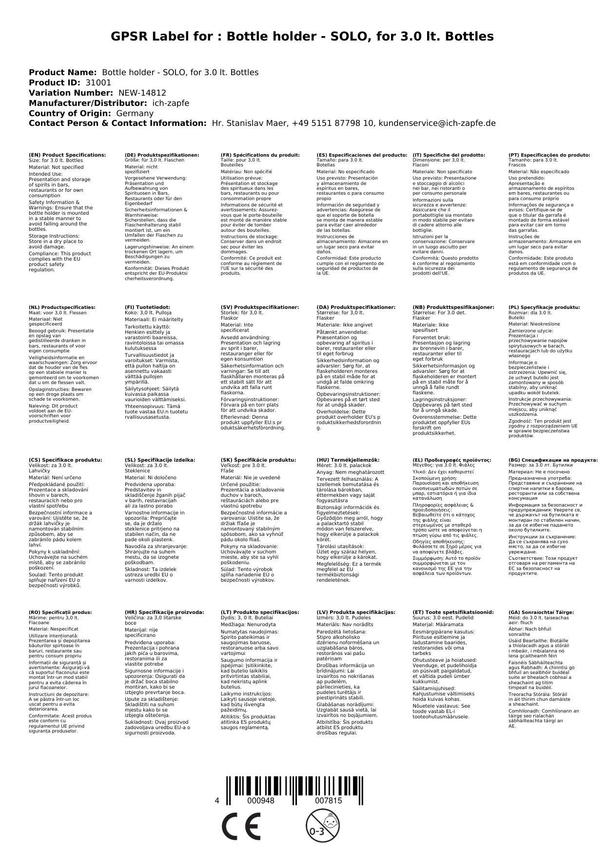 Flaschenhalterung - SOLO, für 3,0 lt. Flaschen