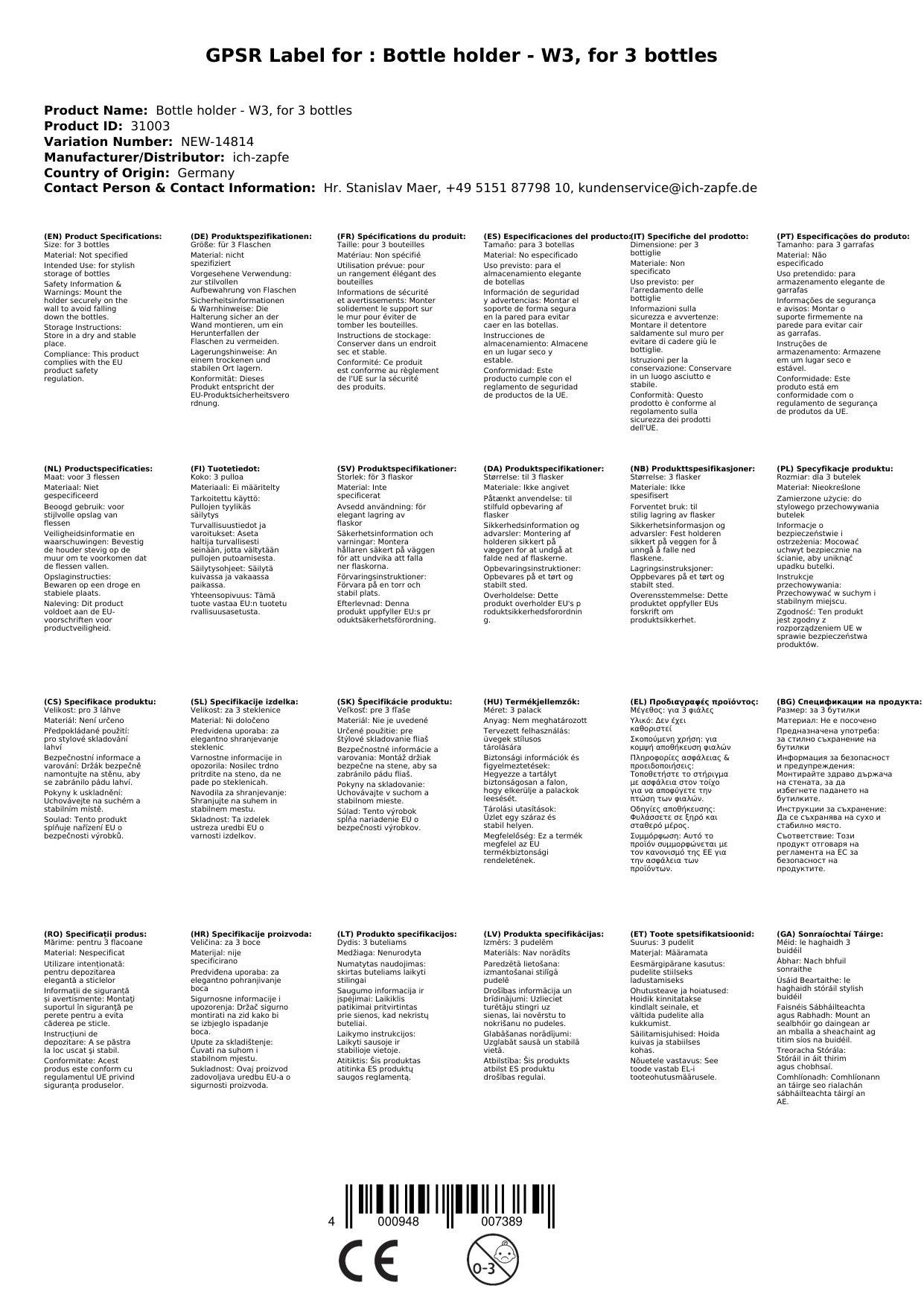 Flaschenhalterung - W3, für 3 Flaschen