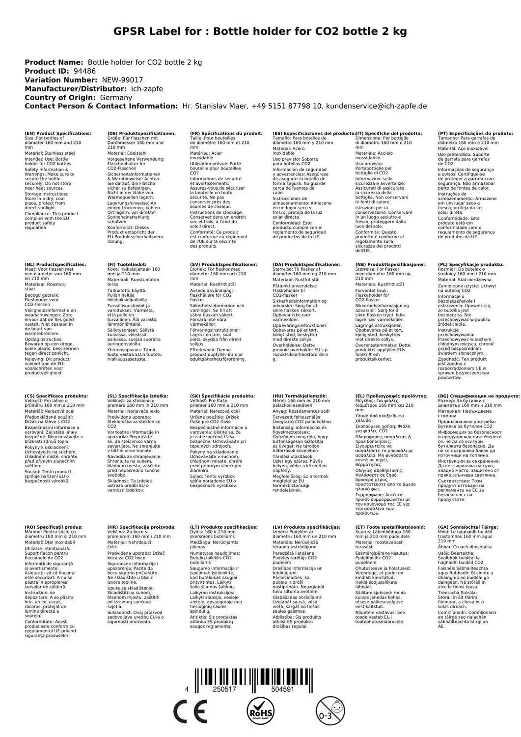 Flaschenhalter für CO2 Flasche 2 kg