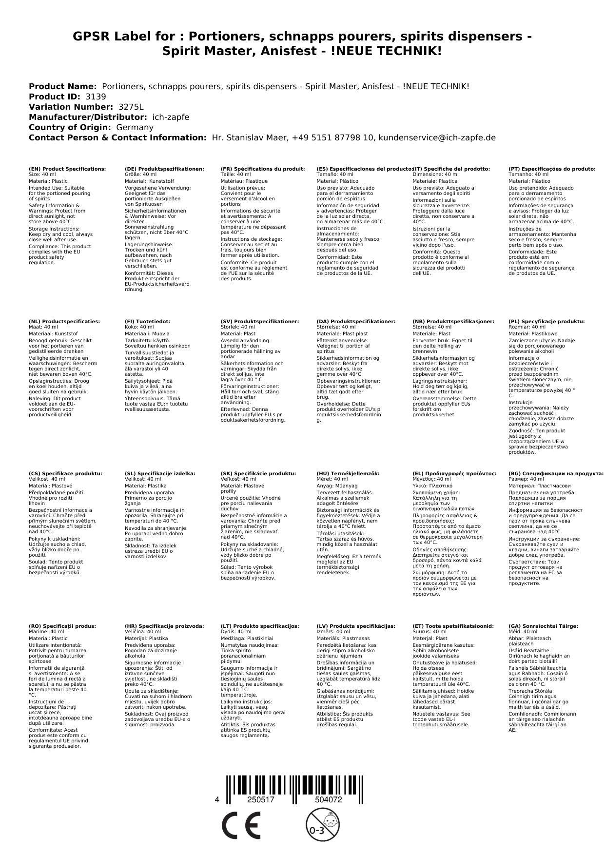 Portionierer, Schnapsausgießer, Spirituosen Dosierer - Spirit Master, Anisfest - !NEUE TECHNIK!, Ausschankmenge: 40 ml
