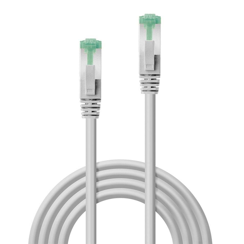 Aufgerolltes graues Ethernet-Kabel mit zwei RJ45-Steckern, dargestellt auf weißem Hintergrund.