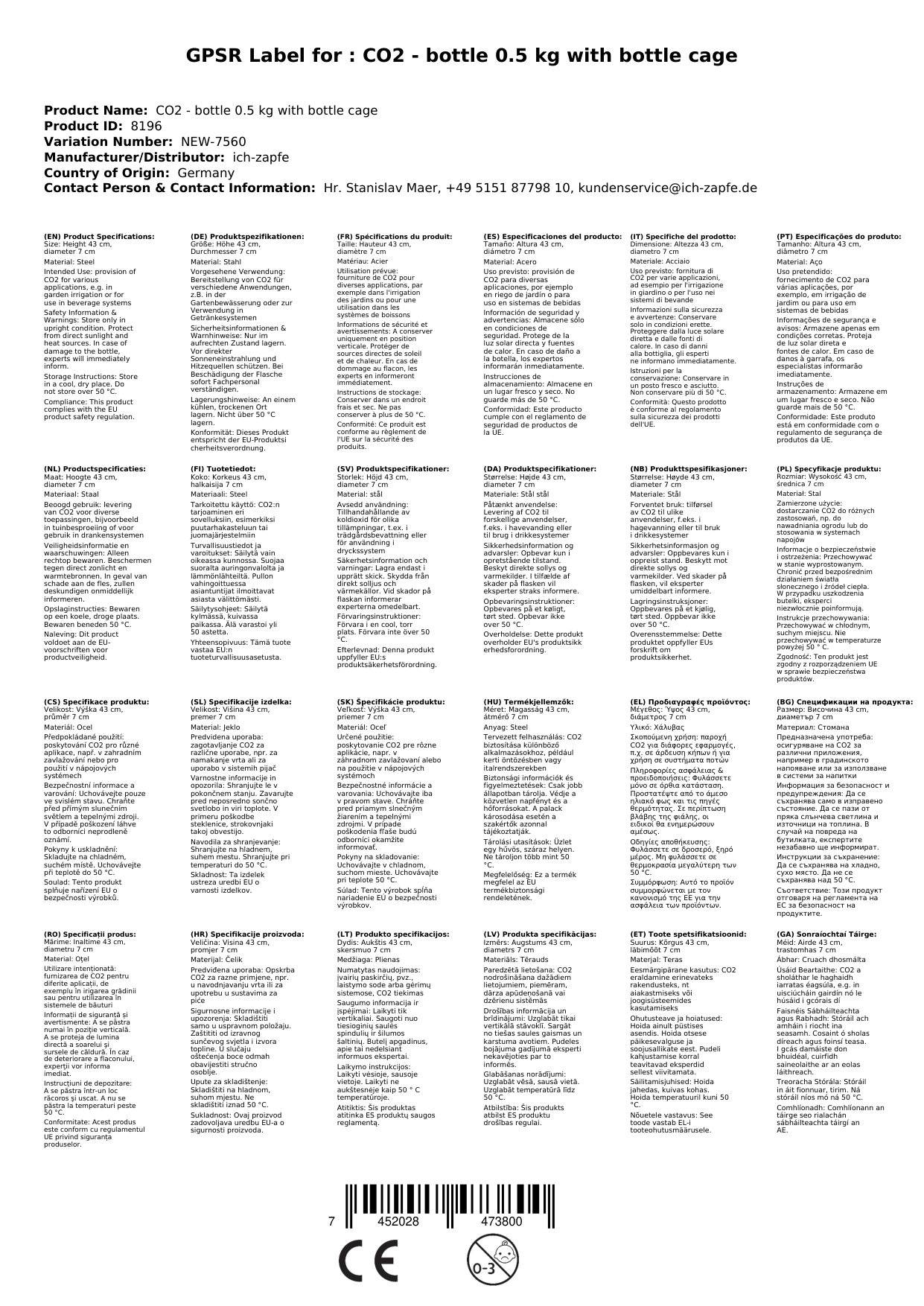 CO2 - Flasche 0,5 kg mit Flaschencage