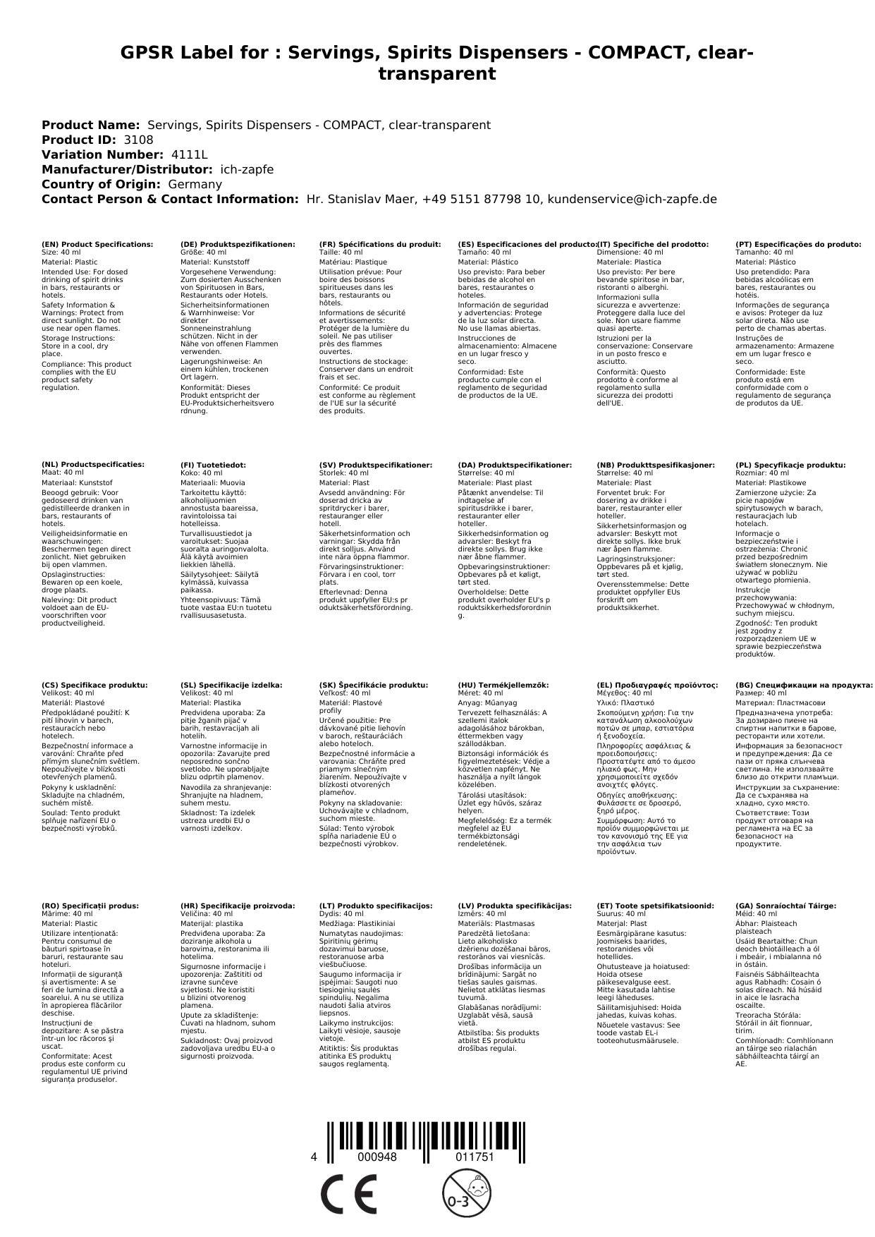 Portionierer, Spirituosen Dosierer - COMPACT, klar-transparent, Ausschankmenge: 40 ml