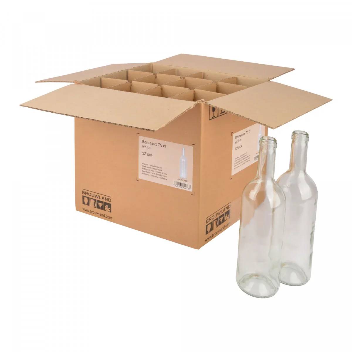Offene Pappversandbox mit Trennwänden, daneben zwei leere Glasflaschen dargestellt.