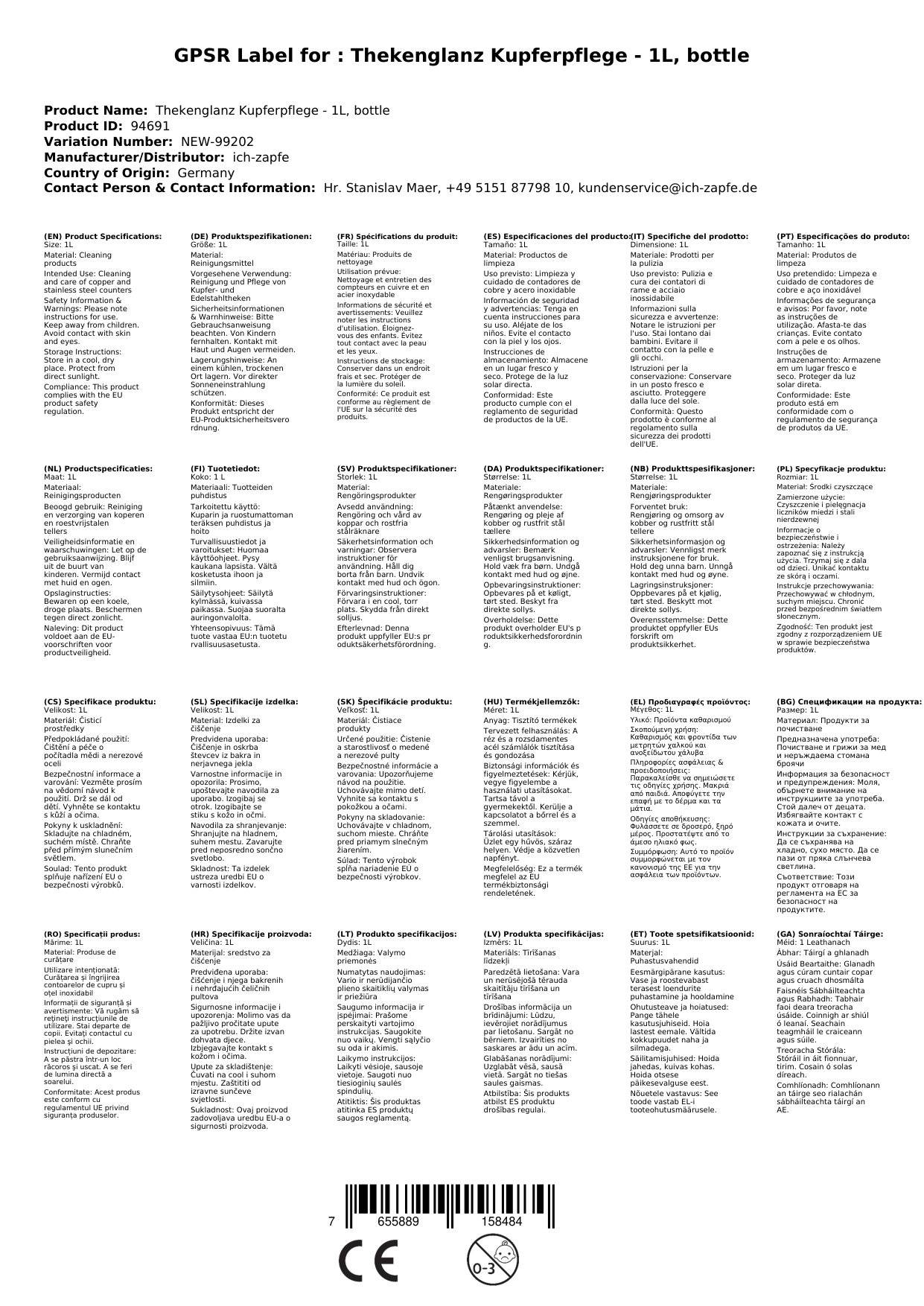 Thekenglanz Kupferpflege - 1L, Flasche