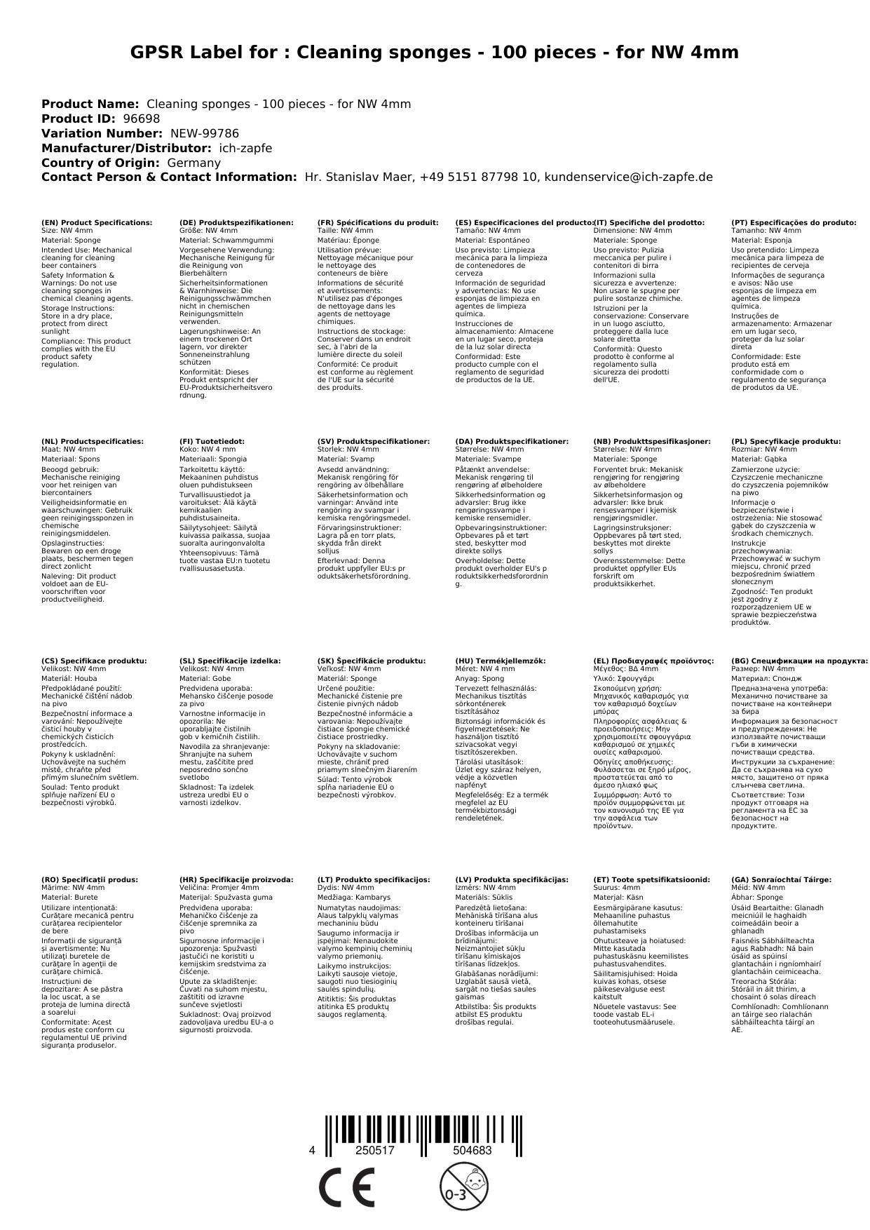 Reinigungsschwämmchen - 100 Stück - für NW 4mm