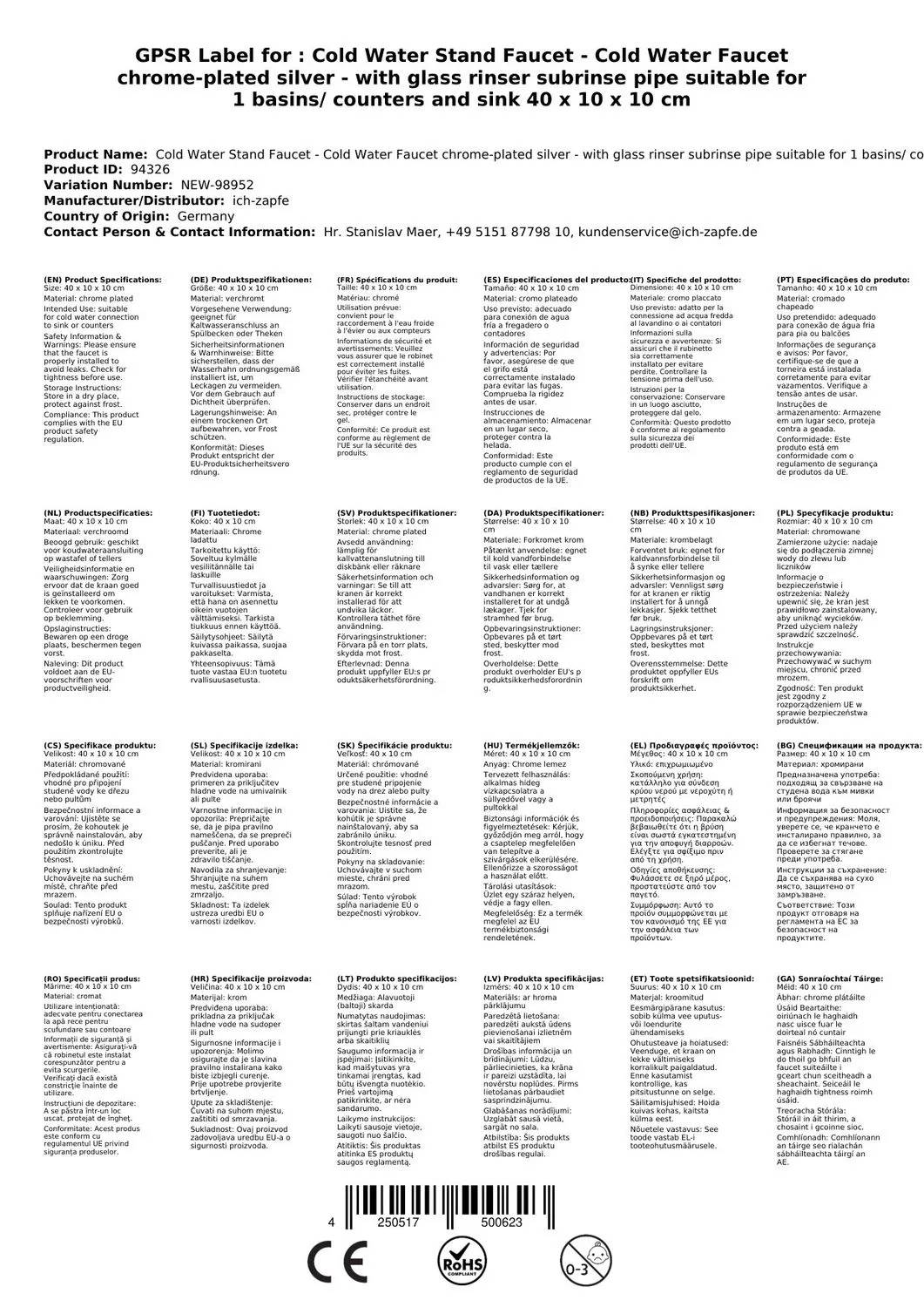 Kaltwasserstandhahn - Kaltwasserhahn verchromt Silber - mit Gläserspüler Unterspülrohr geeignet für 1 Becken/Theken und Spülbecken 40 x 10 x 10 c