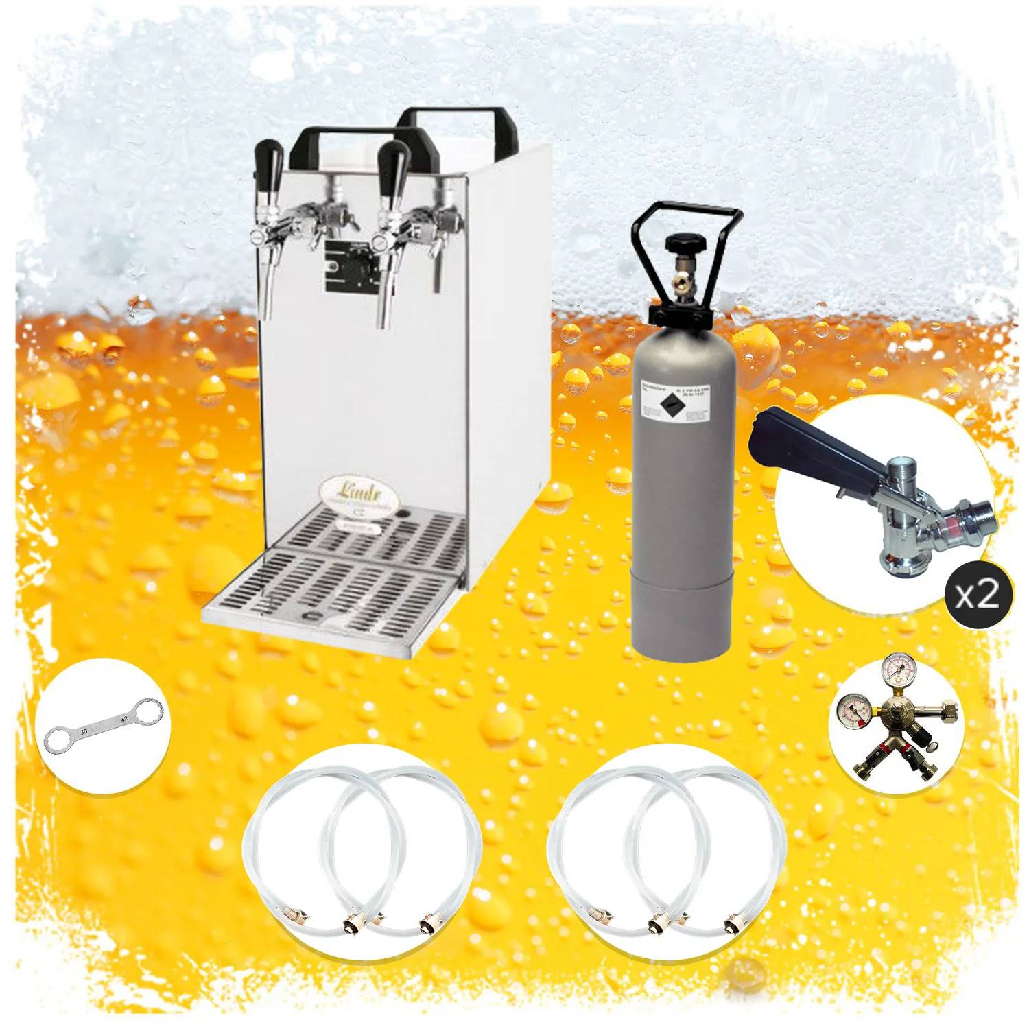 Komplett Set - Zapfanlage, Bierzapfanlage - Kontakt 40 2-leitig Trockenkühler, Durchlaufkühler 50 Liter/h, Green Line, Zapfkopf 2: Kombi; Zapfkopf: