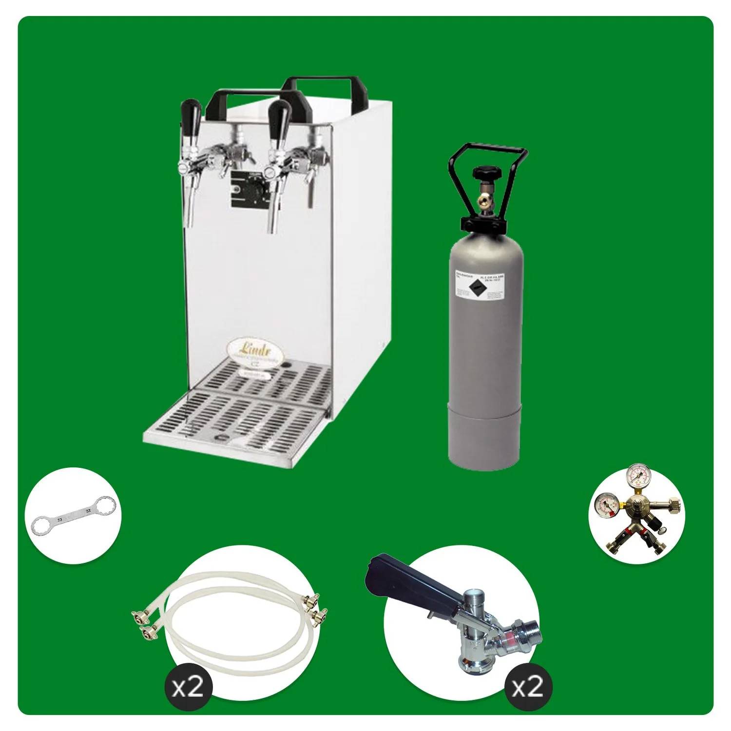 Komplett Set - Zapfanlage, Bierzapfanlage - Kontakt 40 2-leitig Trockenkühler, Durchlaufkühler 50 Liter/h, Green Line, Zapfkopf: NC Adapter; Zapfkop