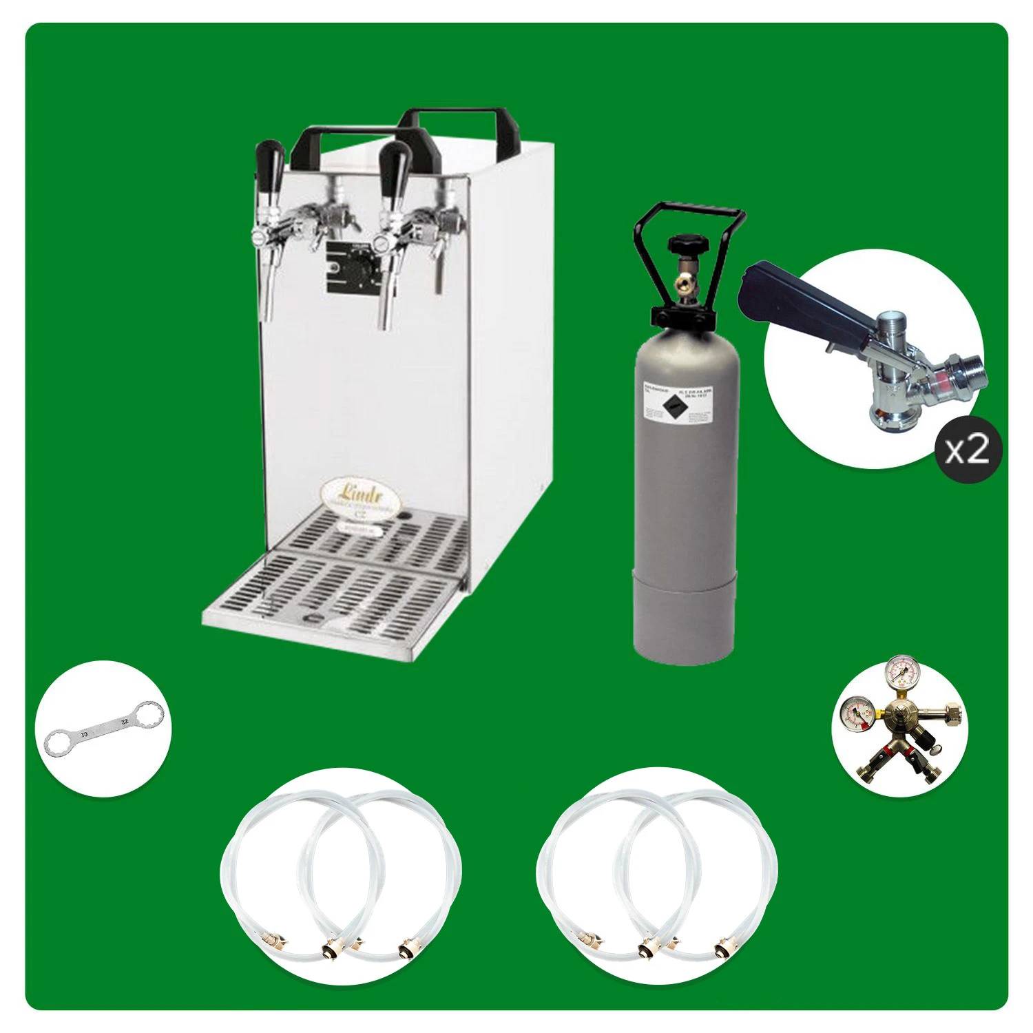 Komplett Set - Zapfanlage, Bierzapfanlage - Kontakt 40 2-leitig Trockenkühler, Durchlaufkühler 50 Liter/h, Green Line, Zapfkopf 2: 5 Liter Adapter;