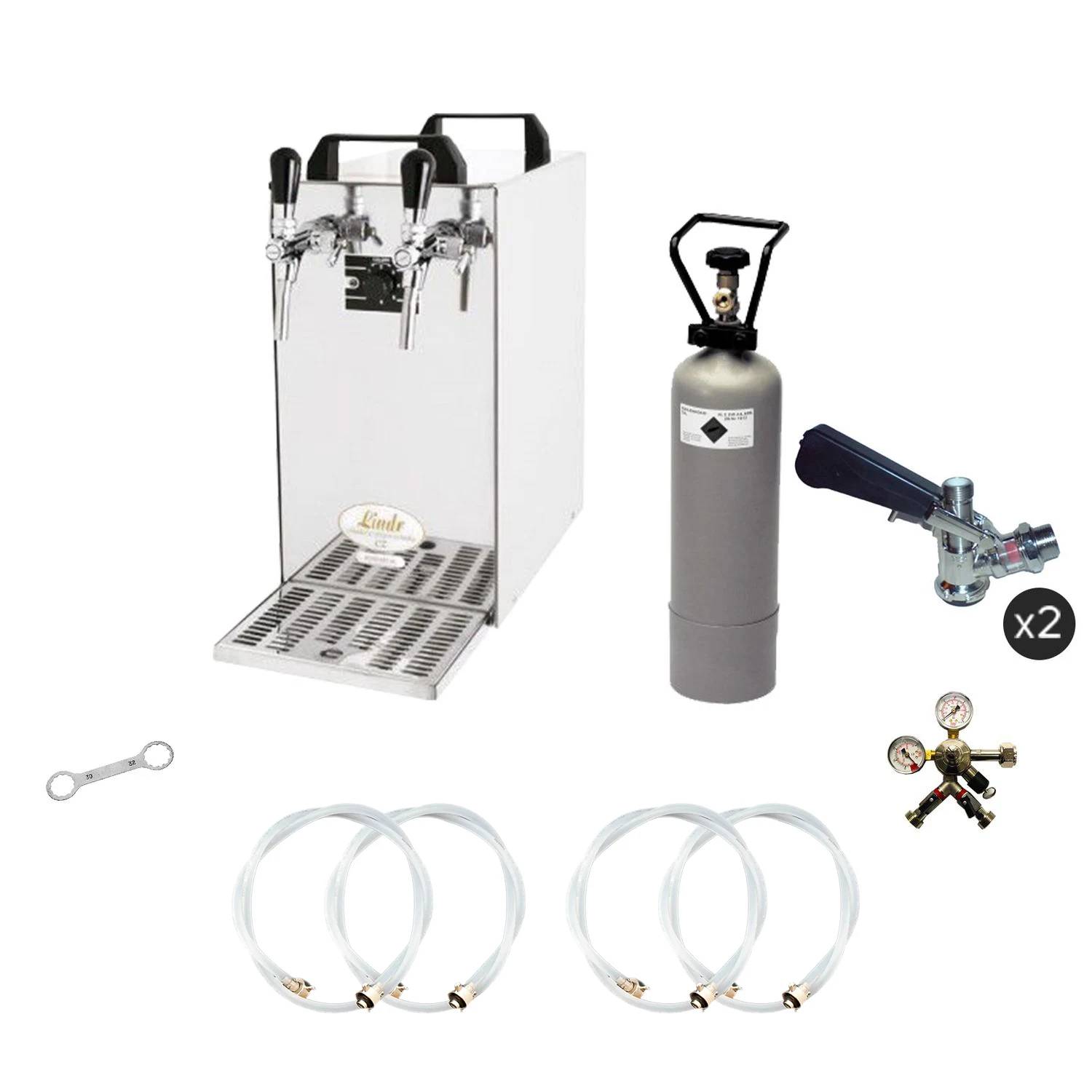 Komplett Set - Zapfanlage, Bierzapfanlage - Kontakt 40 2-leitig Trockenkühler, Durchlaufkühler 50 Liter/h, Green Line, Zapfkopf 2: Dreikant; Zapfkop