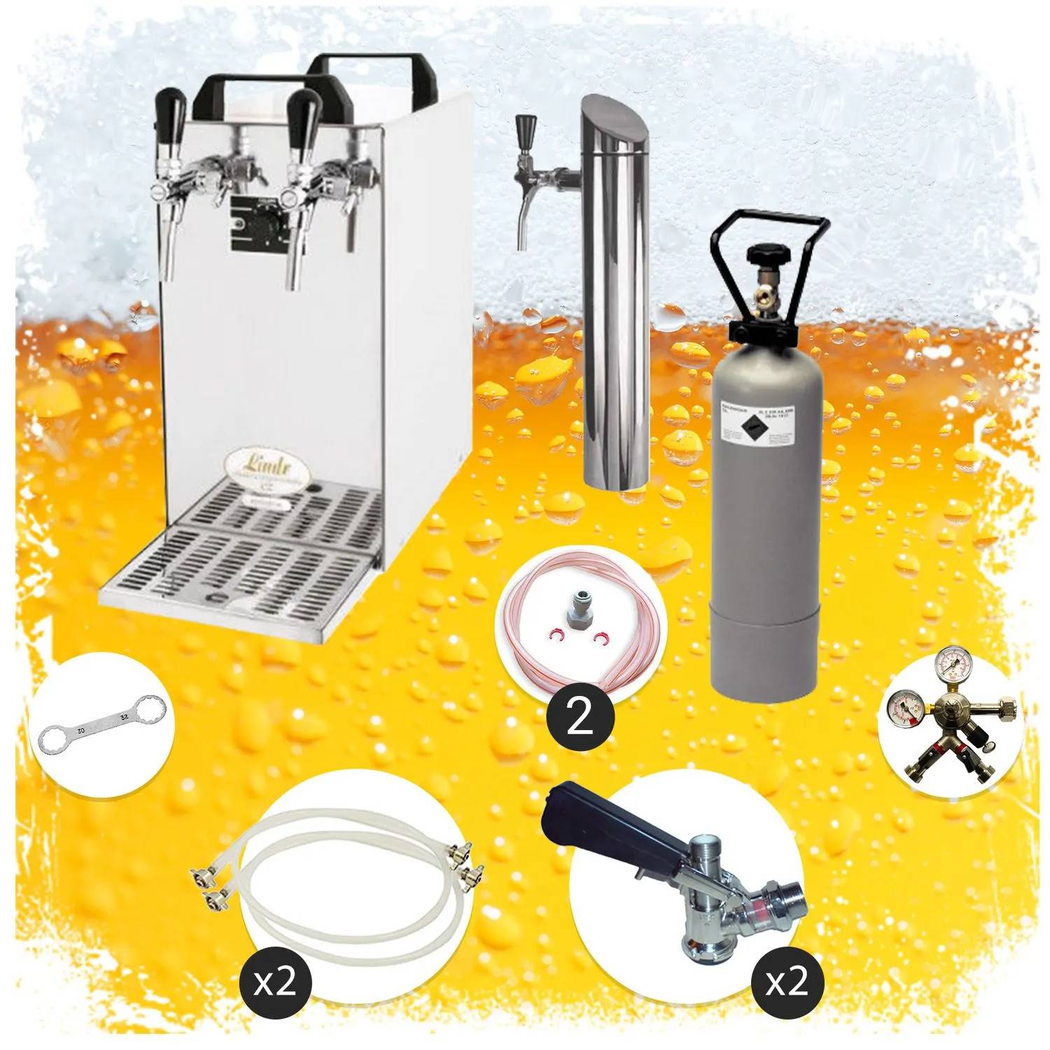 Untertheken Komplett Set - Zapfanlage, Bierzapfanlage - Kontakt 40 2-leitig Trockenkühler, Durchlaufkühler 50 Liter/h, inkl. Schanksäule, Green Lin