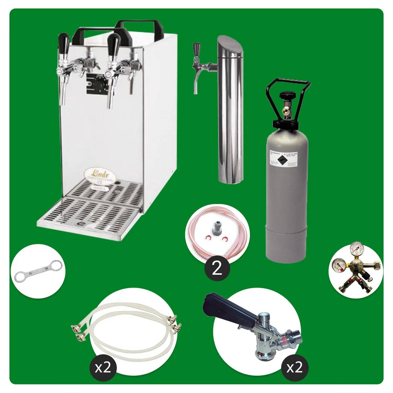 Untertheken Komplett Set - Zapfanlage, Bierzapfanlage - Kontakt 40 2-leitig Trockenkühler, Durchlaufkühler 50 Liter/h, inkl. Schanksäule, Green Lin