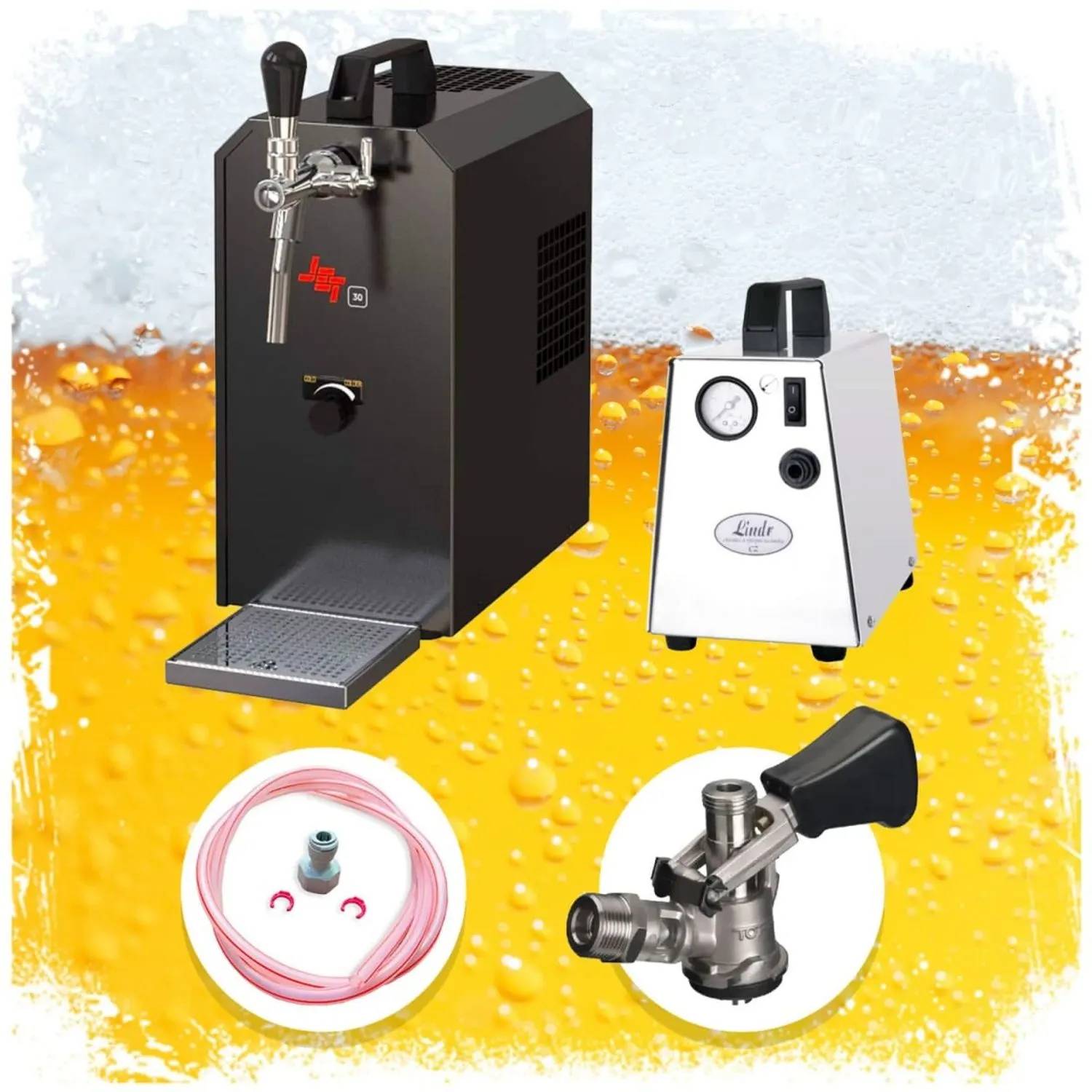 Komplett Set - Zapfanlage JET 30 Bierkoffer, Bierzapfanlage, Durchlaufkühler 1-leitig Trockenkühler, bis zu 35 Liter/h, Zapfkopf: Dreikant